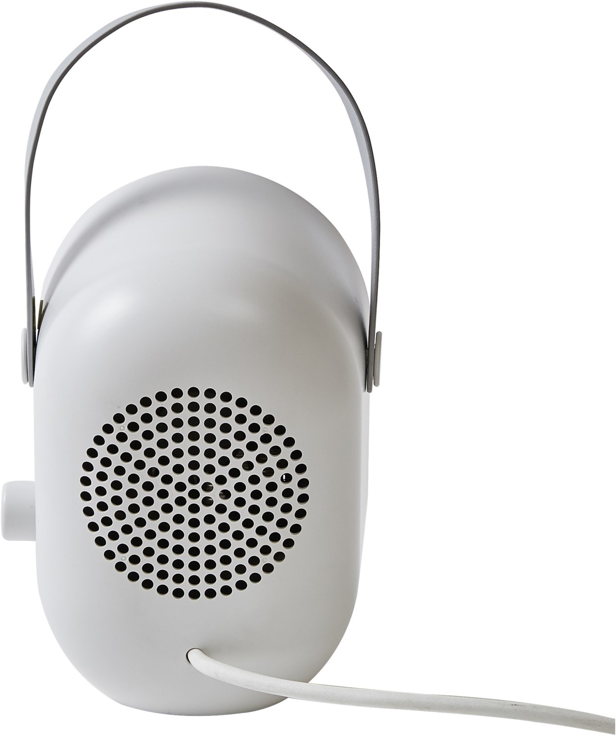 Biało-niebieski wentylator na białym stojaku przed oknem. Nakładany tekst opisuje świeży i wygodny dom.