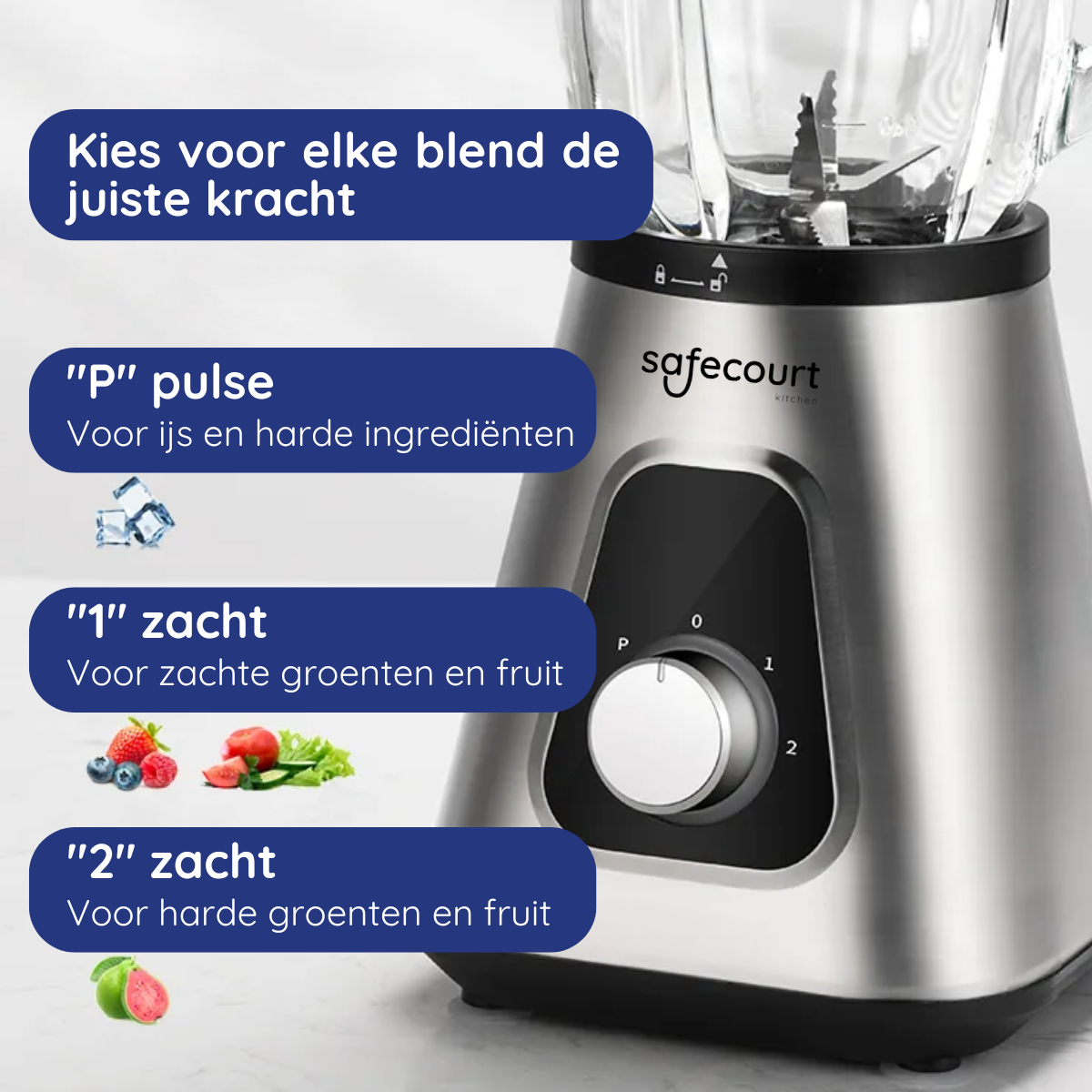 A silver blender with a black control panel. It shows the different settings, like pulse, and settings for fruits and vegetables.