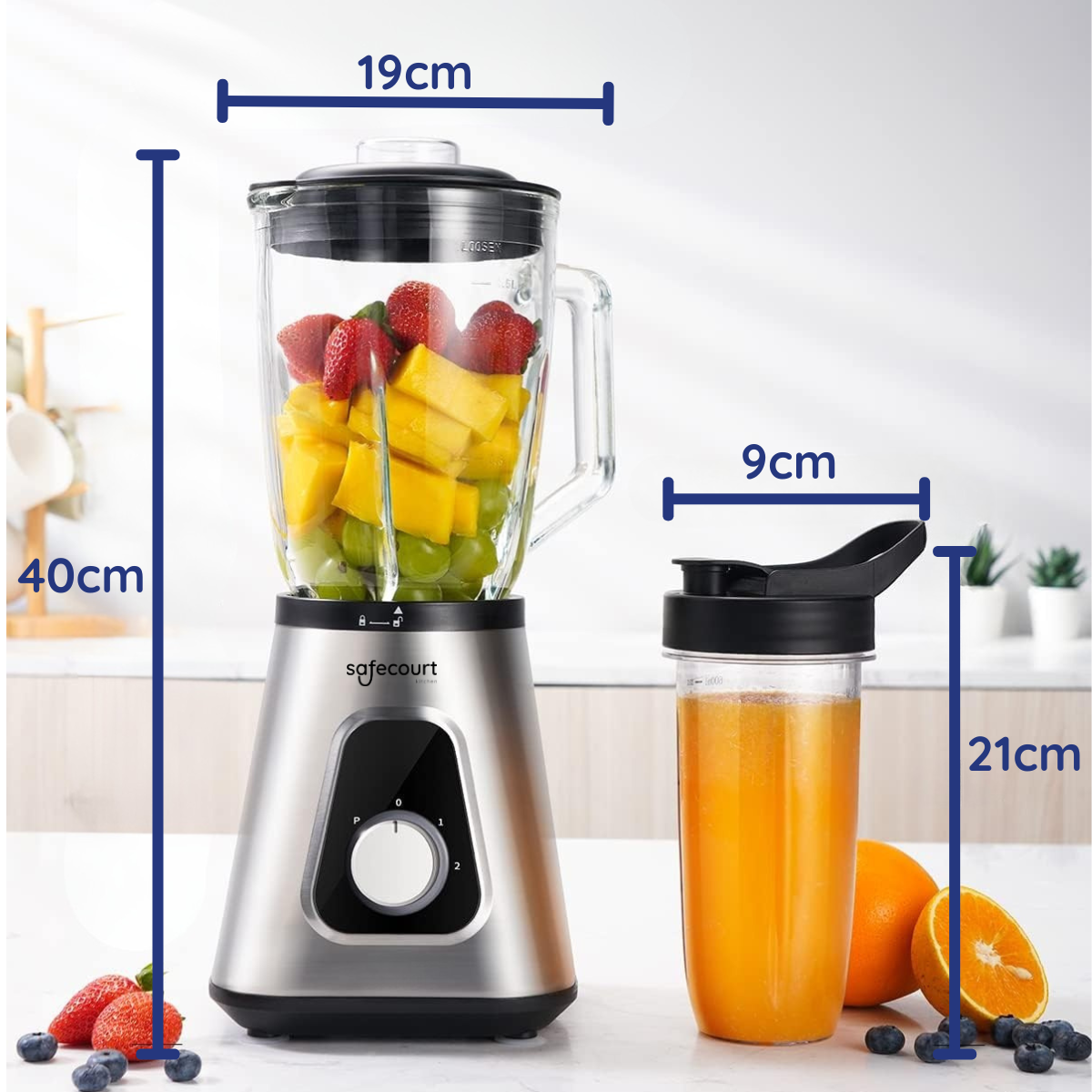 A disassembled blender showing its components: blades, cup, and base, with a central diagram.