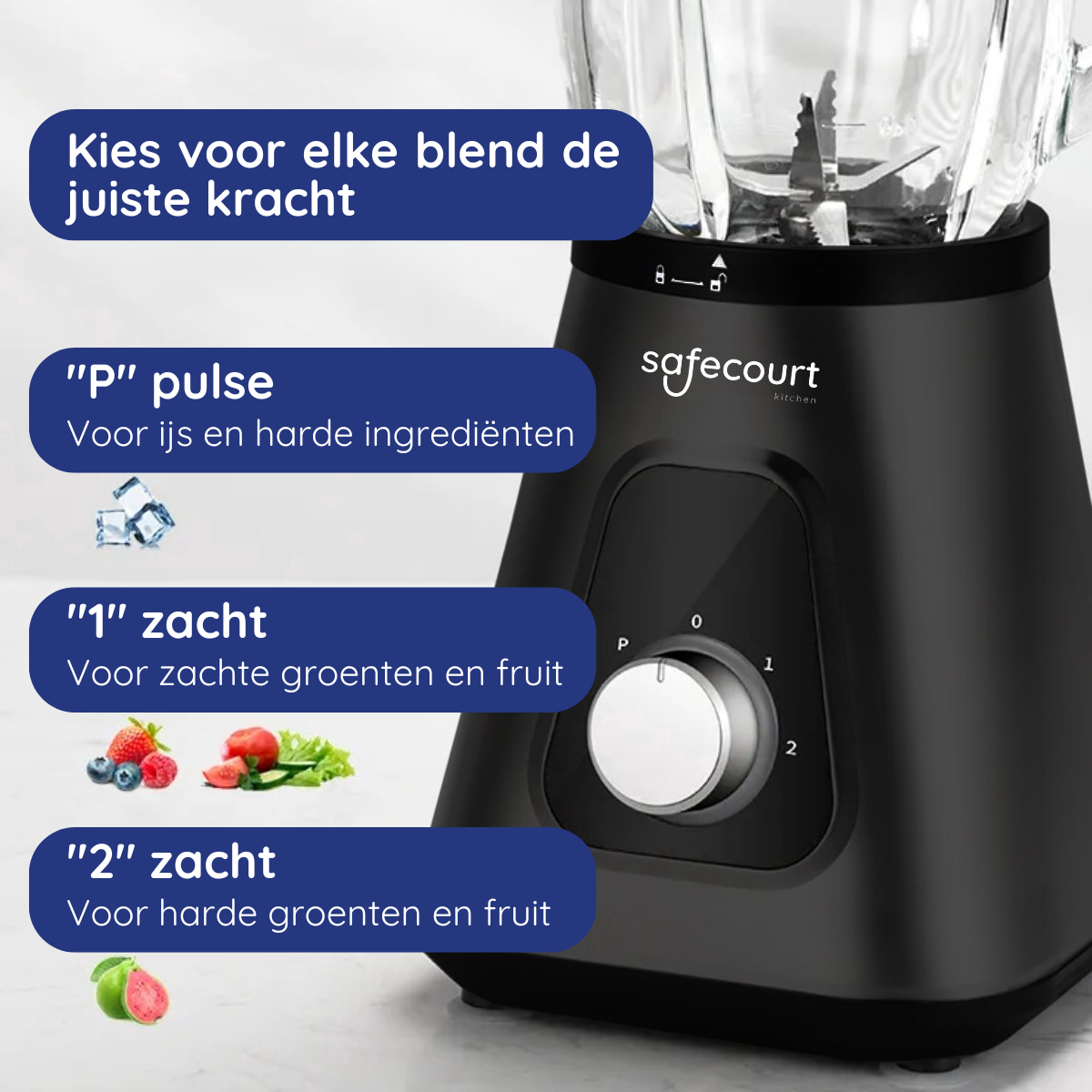 Een zwarte blender met een bedieningspaneel en een doorzichtige container. Tekst biedt mengopties.