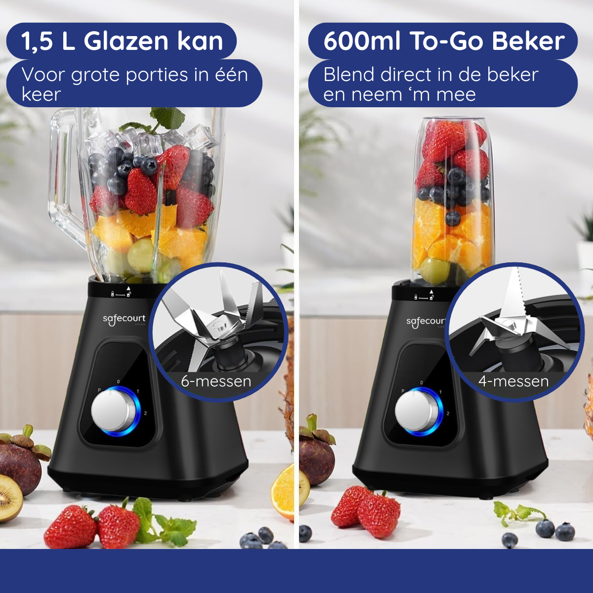 Twee blenders, een met fruit, de andere met een to-go-container. Tekst beschrijft elk.