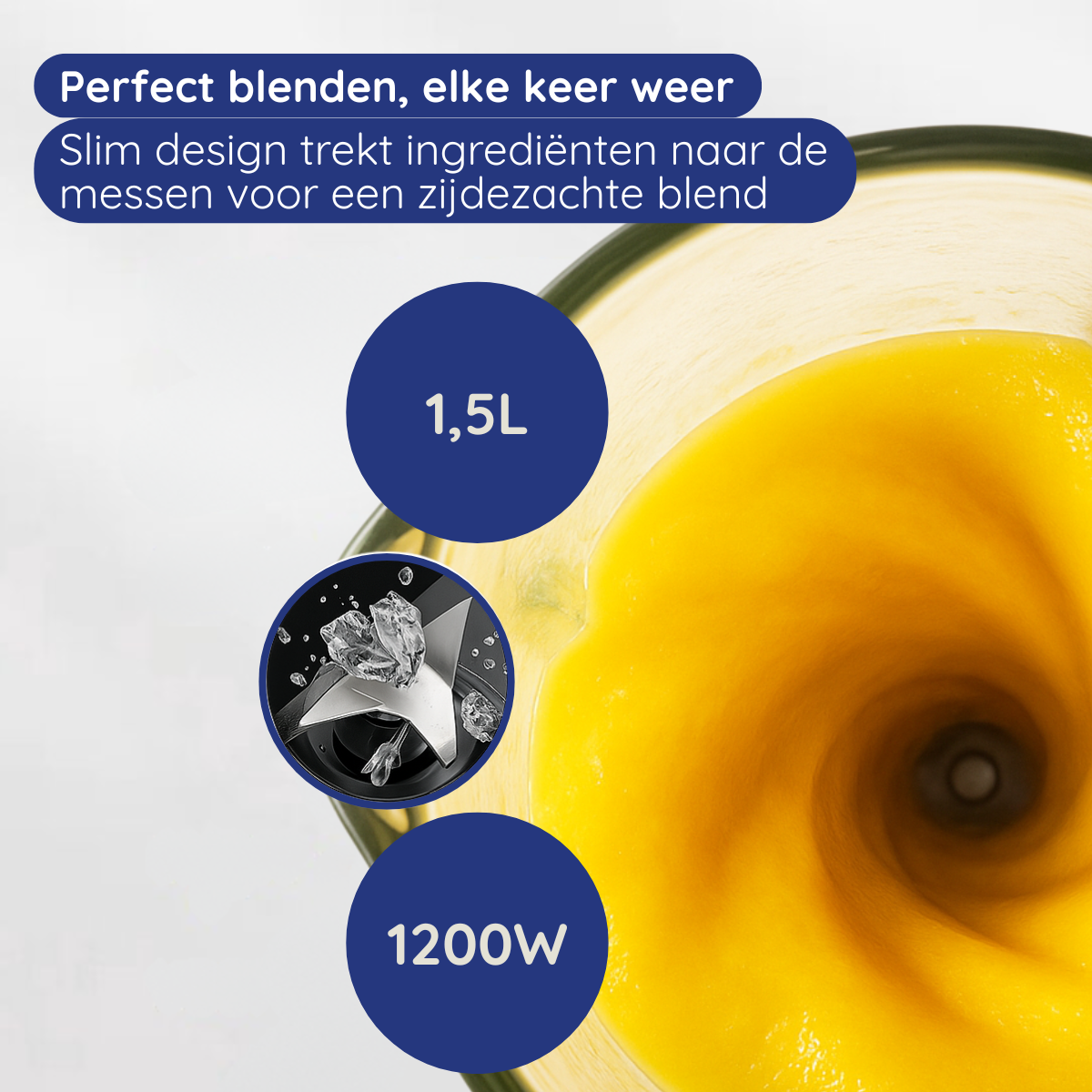 Blender met gele smoothie, die het mengproces laat zien. Tekst geeft capaciteit en vermogen aan.