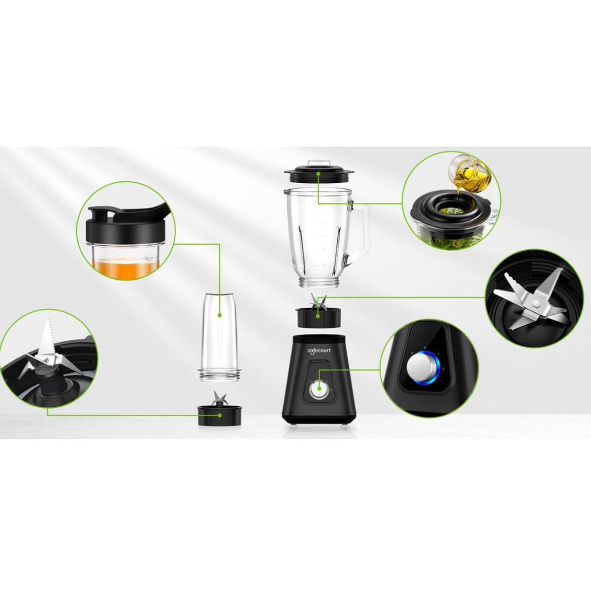 Exploded view van blenderonderdelen, met fruit en messen. Gedetailleerd beeld van de basis, messen en container.