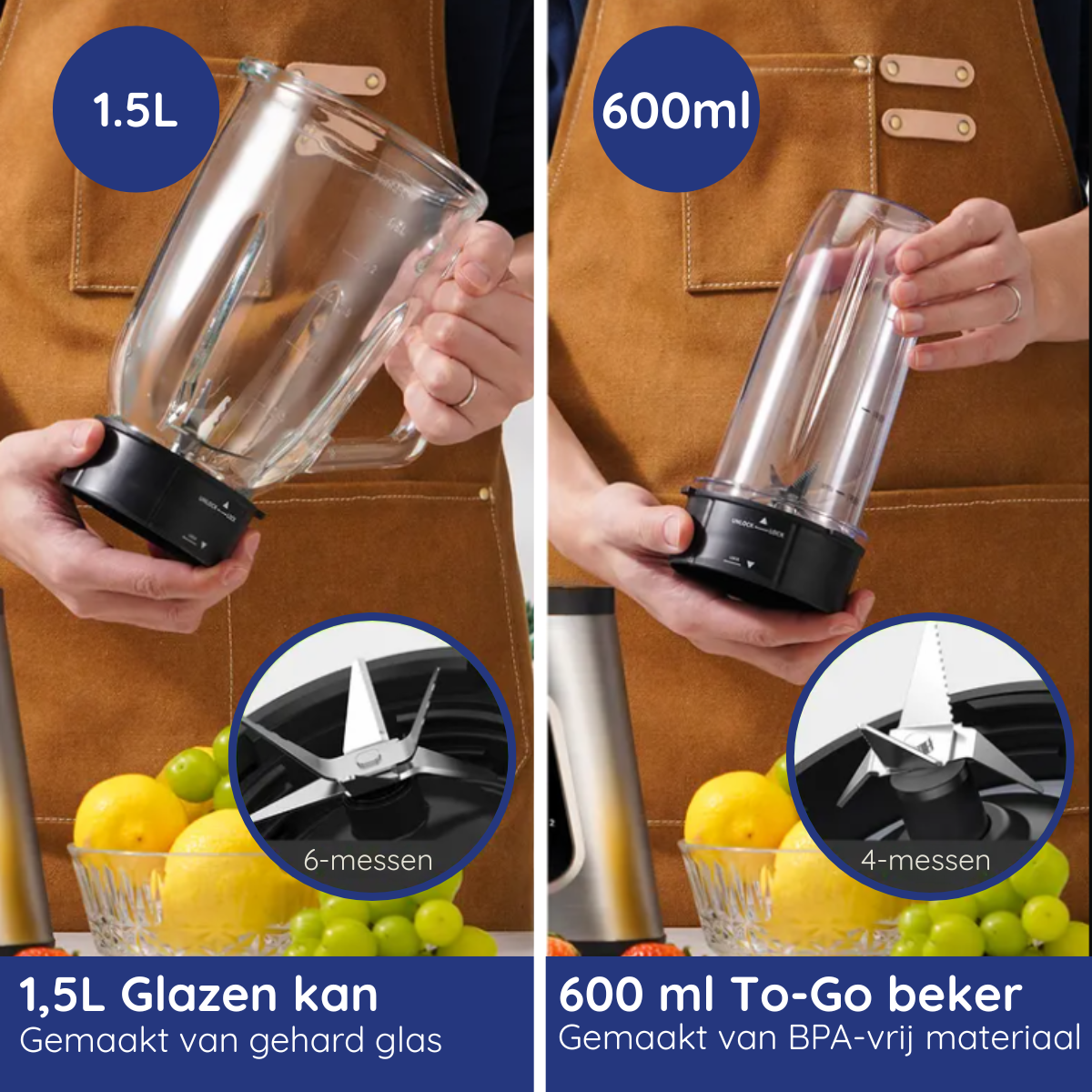 Twee blenders met glazen containers en messen. Eén is 1,5L, de andere 600ml.