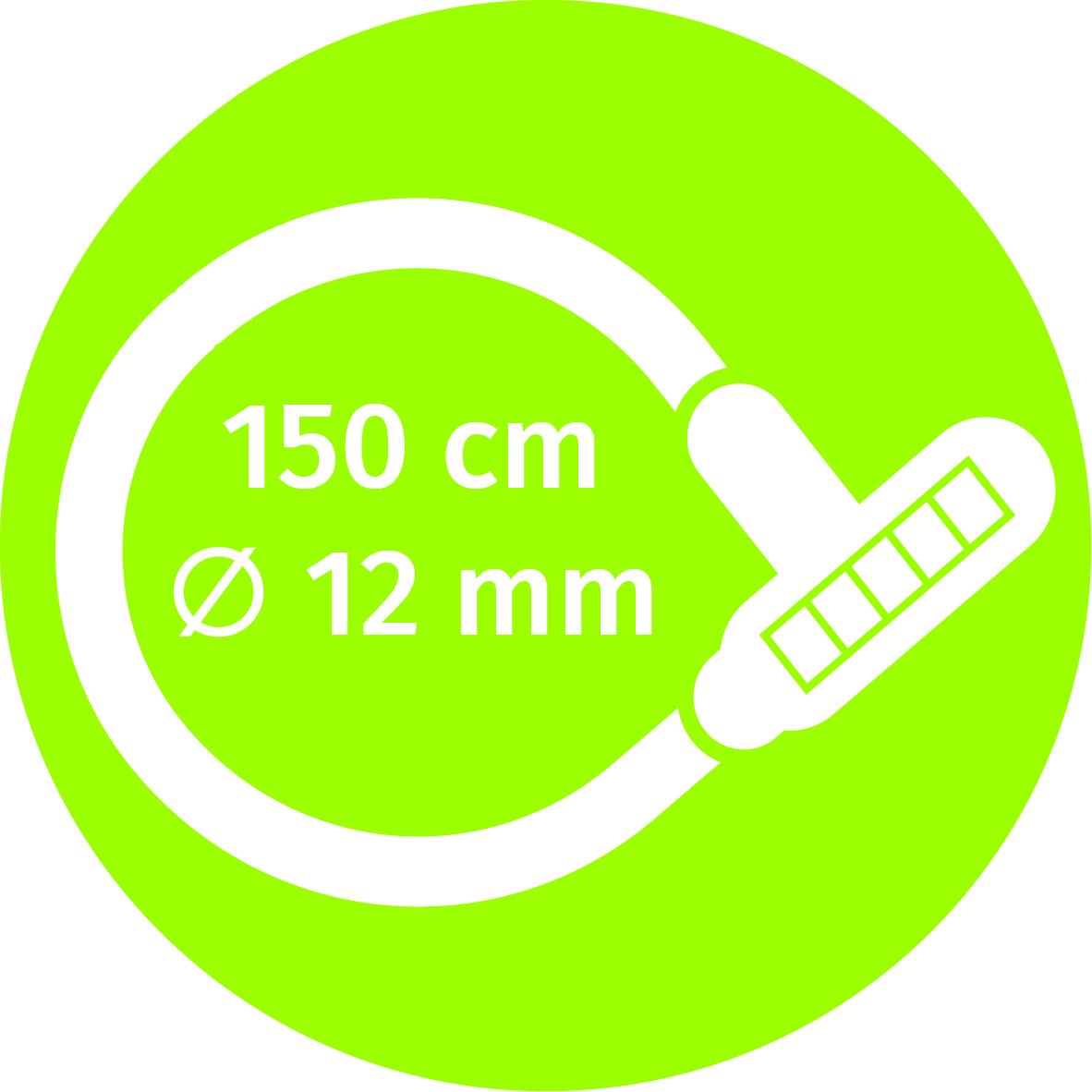 Grüner Kreis mit weißem Text und Grafik mit den Abmessungen: 150 cm, Ø 12 mm.