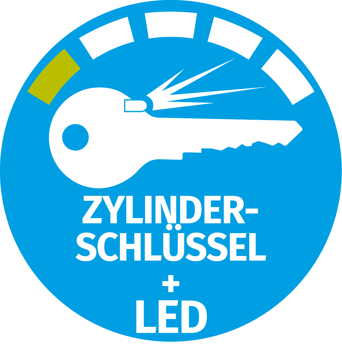 Blauer Kreis mit Schlüsselumriss und Text 'ZYLINDER-SCHLÜSSEL + LED'.