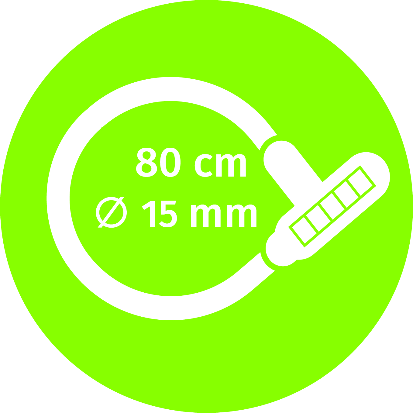 Ein grüner Kreis mit Text und einem weißen Symbol. Der Text lautet '80 cm' und 'Ø 15 mm'.