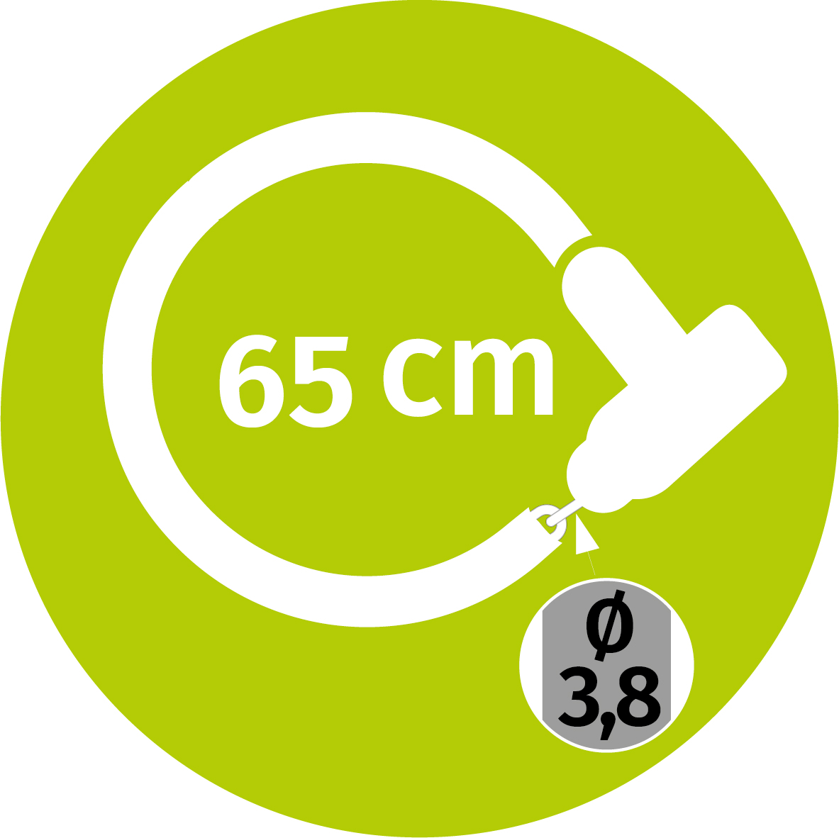 Grüner Kreis mit weißer Grafik und Text mit den Abmessungen: 65 cm, Ø 3,8 mm.
