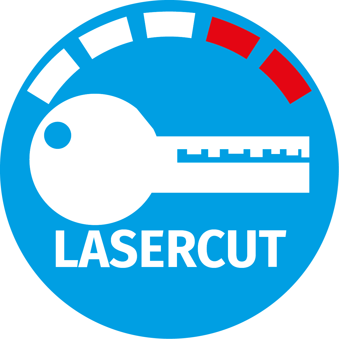 Blauer Kreis mit Schlüsselumriss und roten und weißen Balken. Text: 'LASERCUT'.
