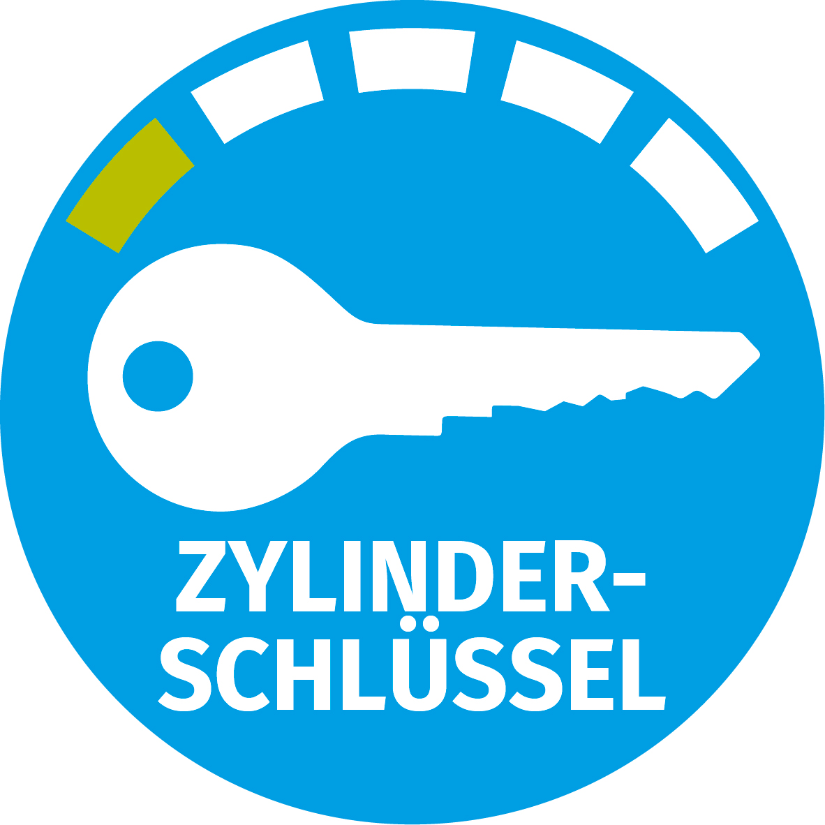 Blauer Kreis mit weißer Schlüsselgrafik und deutschem Text: ZYLINDER-SCHLÜSSEL (Zylinderschlüssel).