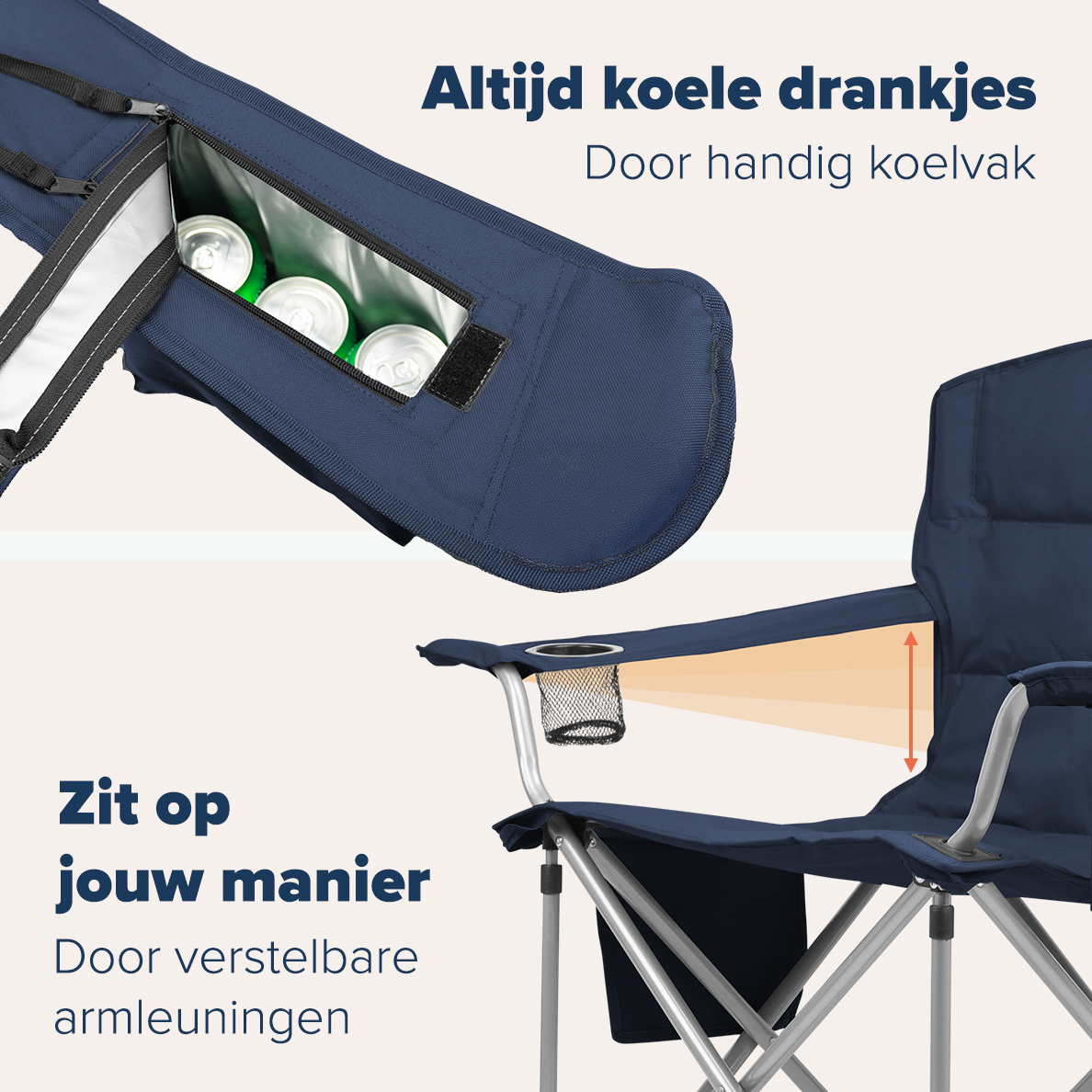 An open blue camping chair with a cooler bag and adjustable armrests. White background.
