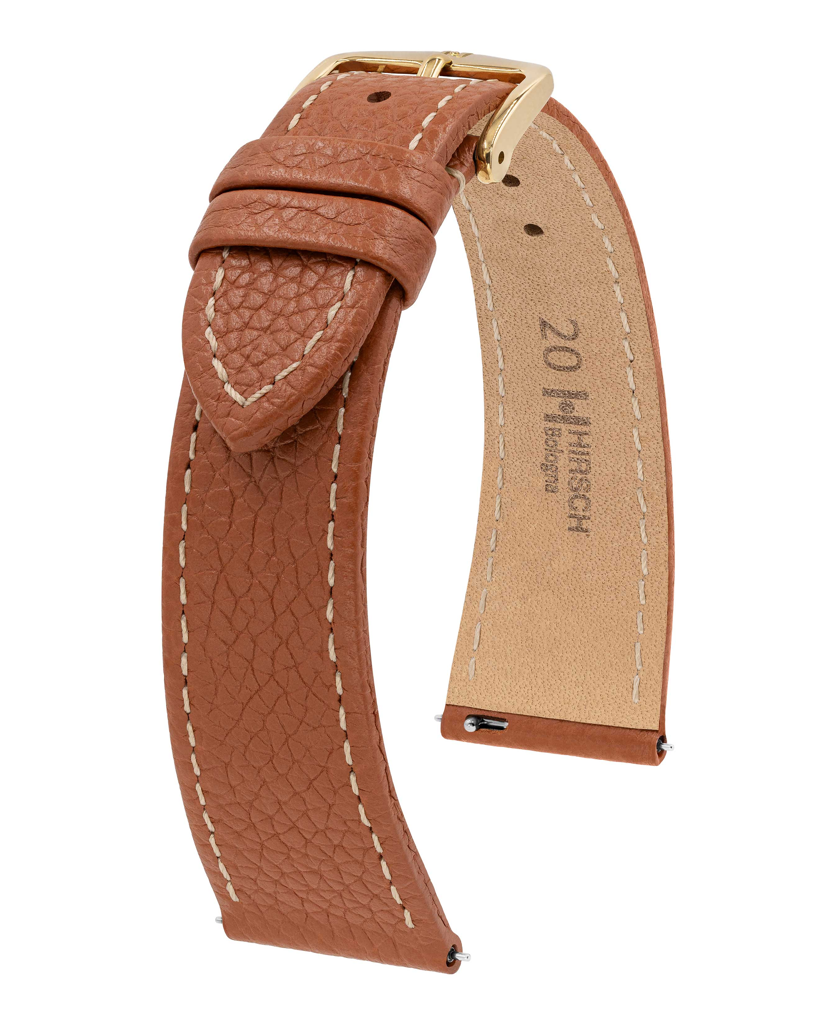 Leder-Uhrenarmband in Braun mit goldener Schnalle und weißen Nähten, isoliert auf Weiß.
