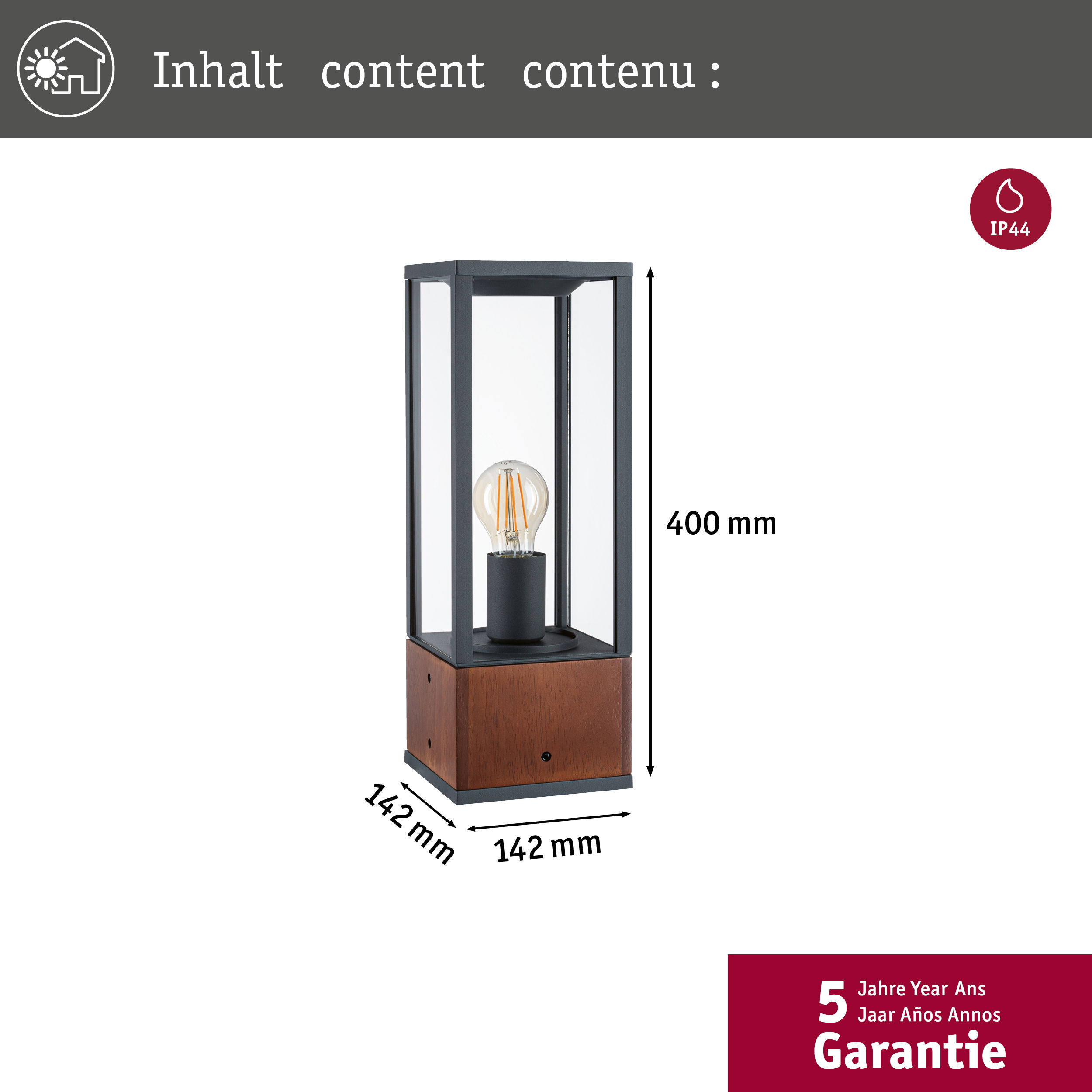 Schwarze Außenlampe mit Abmessungen, Holzsockel und einem Glaskasten mit einer Glühbirne.