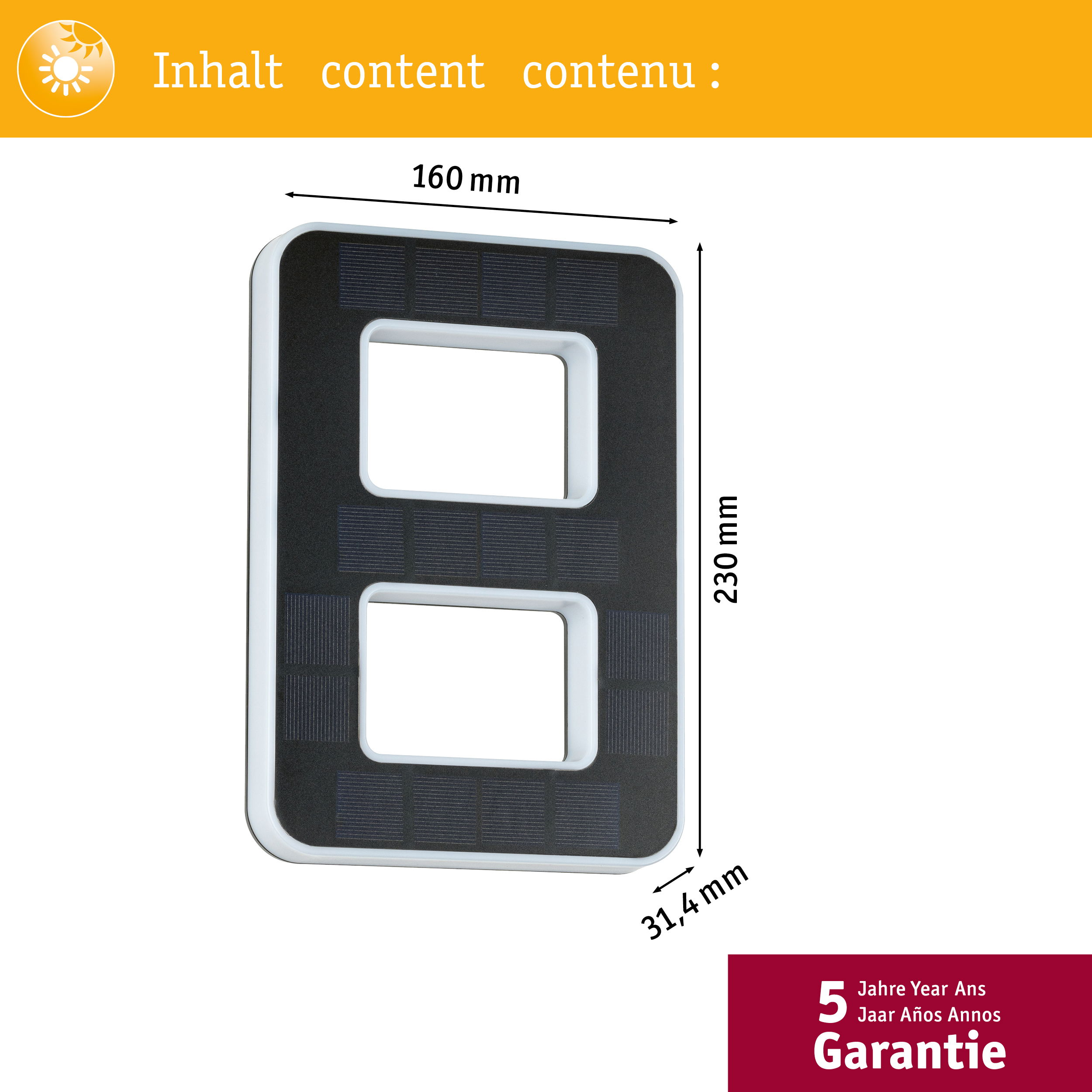 Zasilany energią słoneczną znak z numerem '8', czarny z białym obramowaniem, z wymiarami.