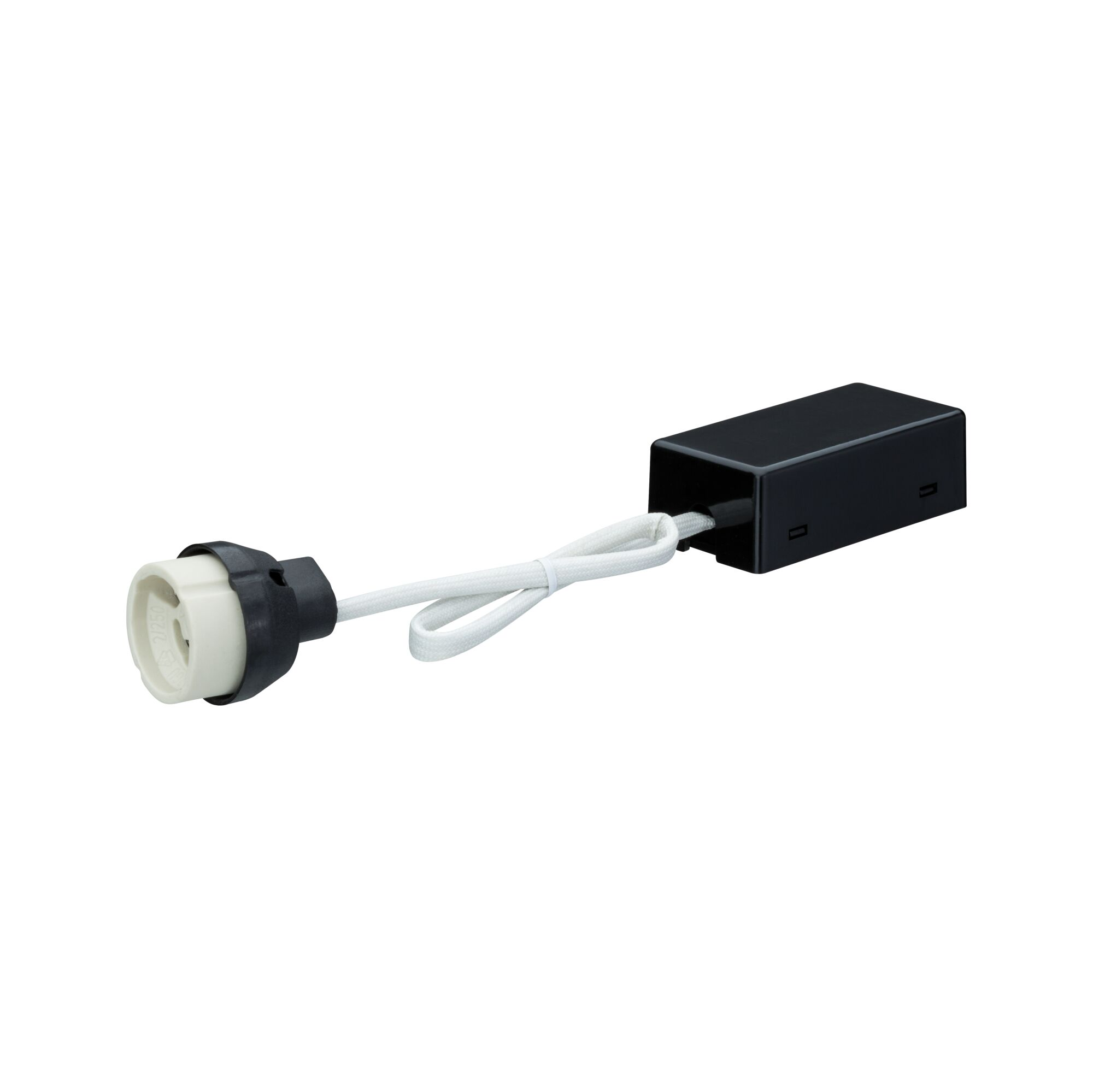 Ein schwarzes, rechteckiges elektrisches Bauteil mit weißer Fassung und weißem Kabel.