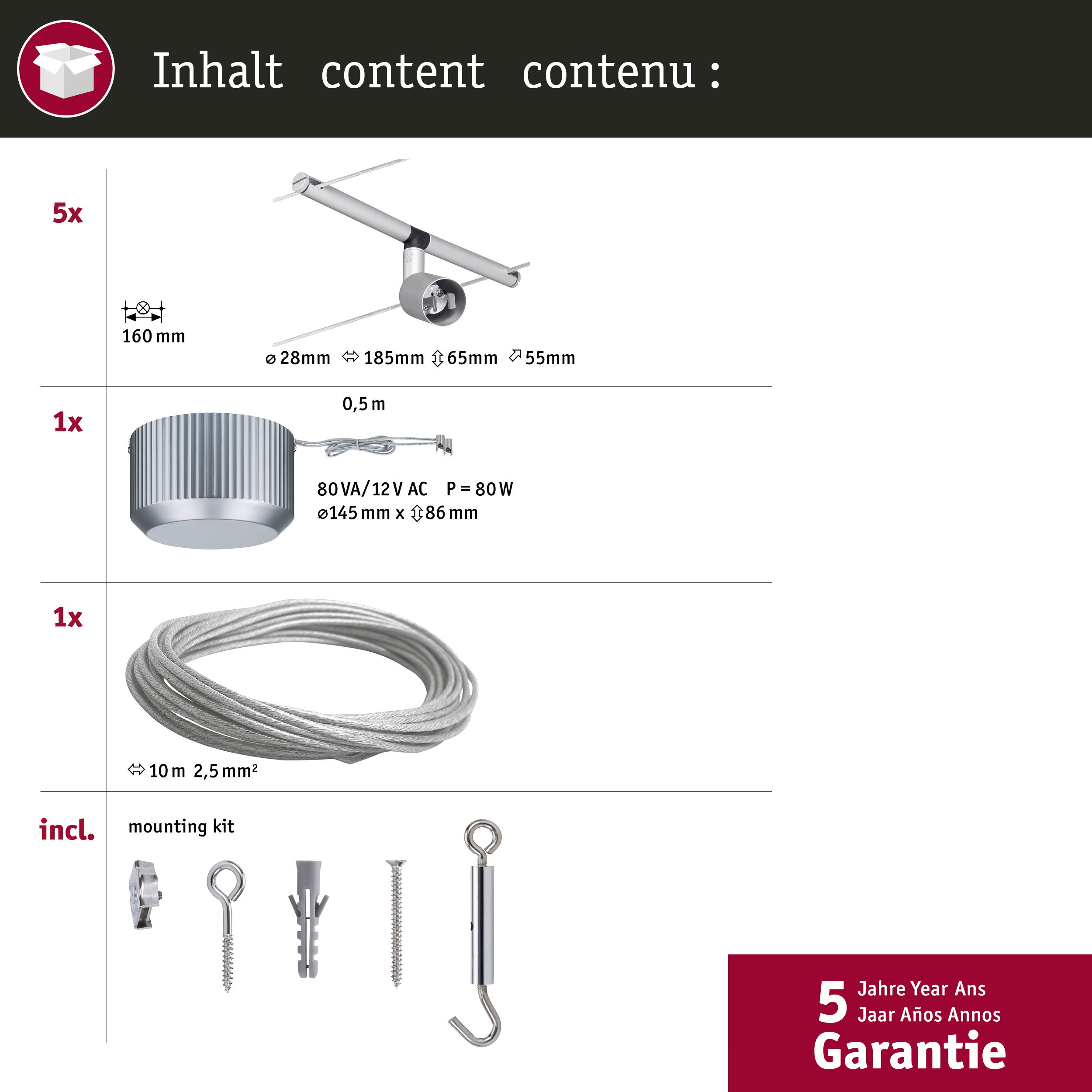 Schéma des composants d'éclairage, comprenant un luminaire, une alimentation et des câbles. Fond blanc.