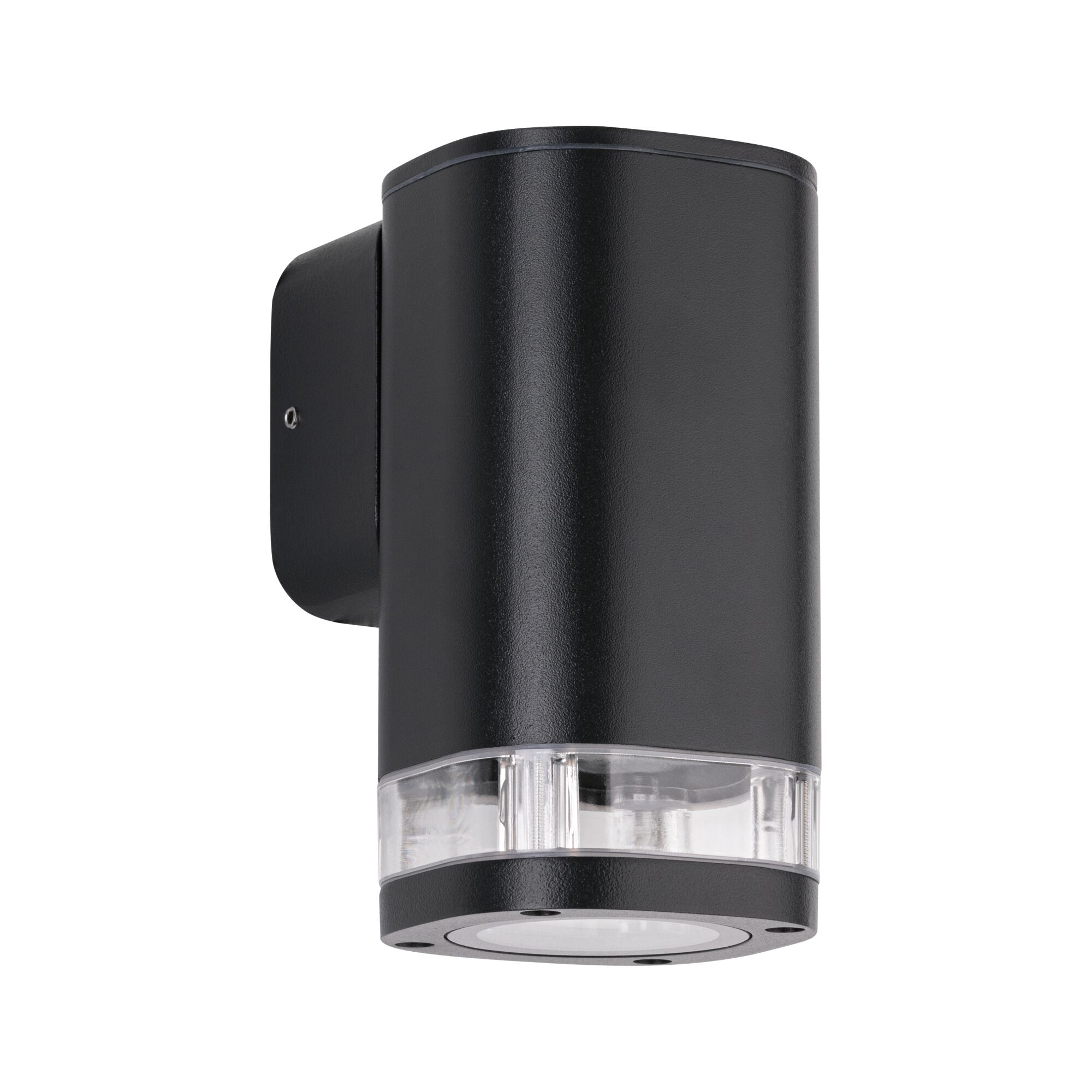 Eine schwarze, zylindrische Wandleuchte mit einer klaren, rechteckigen Lichtquelle am unteren Ende.
