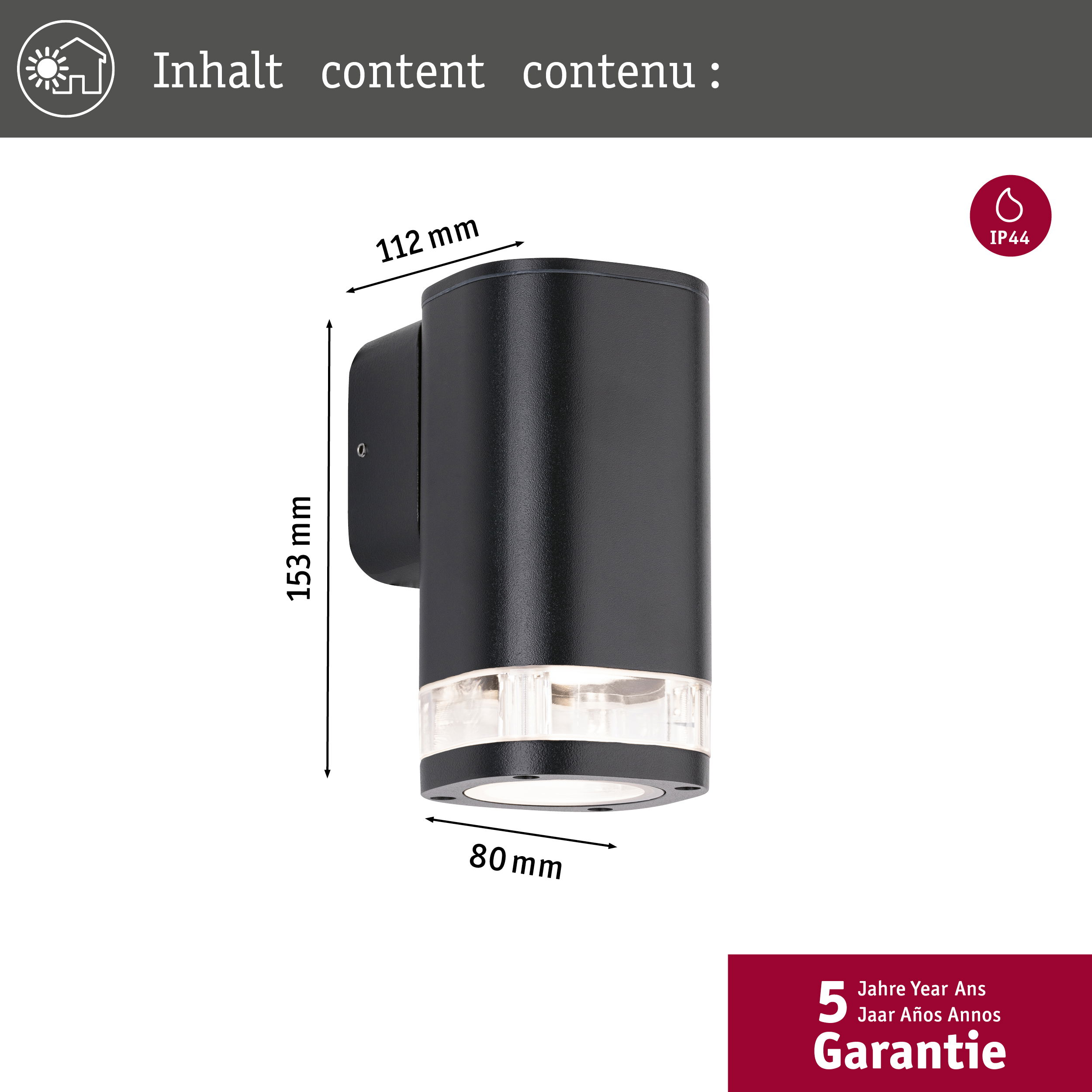 Eine schwarze, zylindrische Wandleuchte mit klarem, rechteckigem Licht unten. Abmessungen dargestellt.