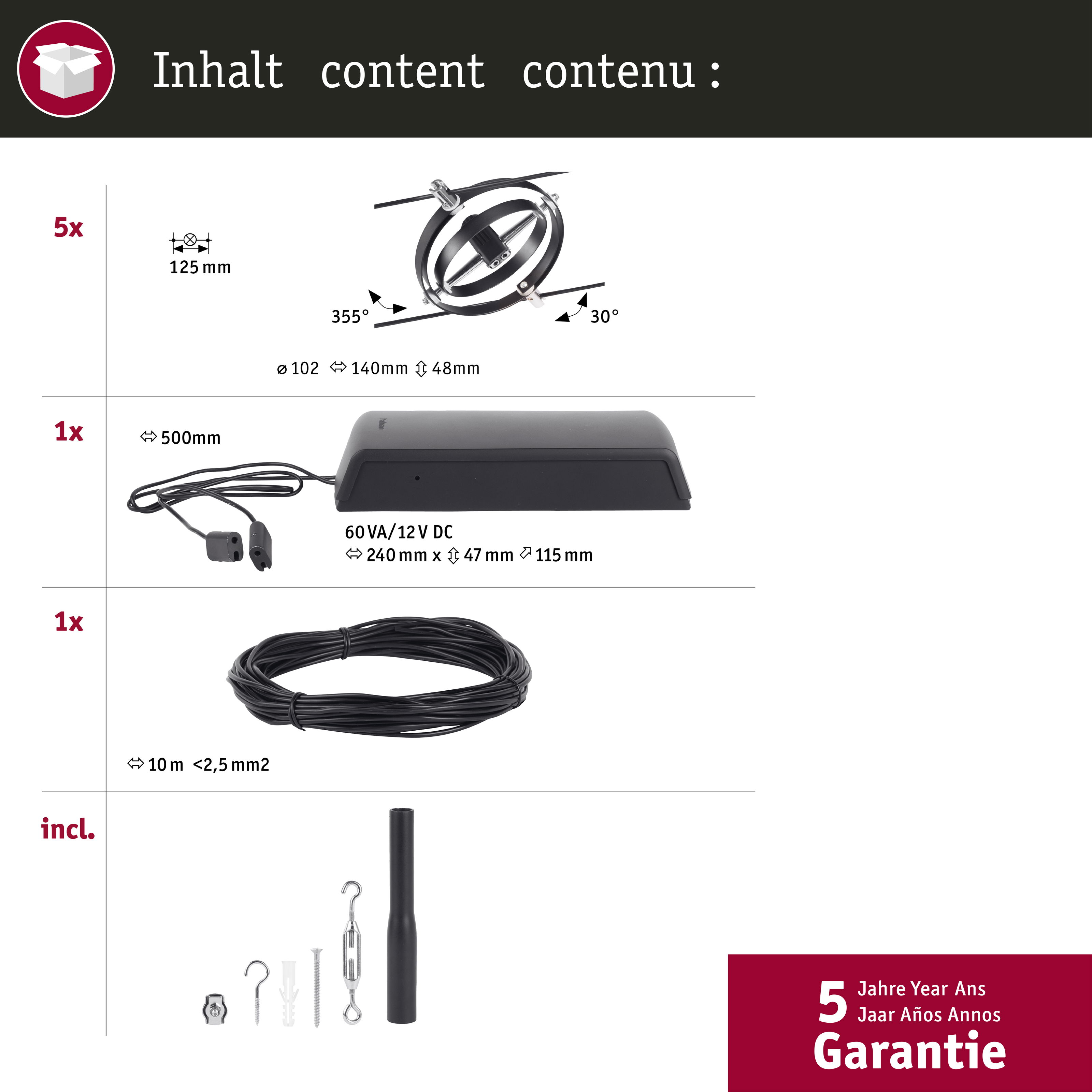 Un diagramma che mostra i componenti di un sistema di illuminazione per esterni, incluso l'hardware di montaggio.