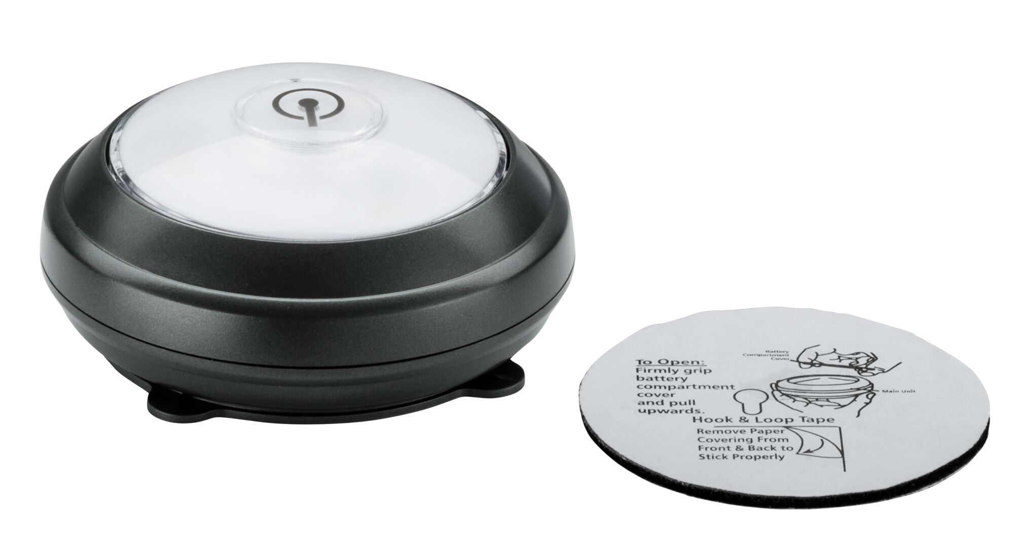 Runde, schwarze, batteriebetriebene Leuchte mit Ein/Aus-Taste, neben einem runden Klebepad.