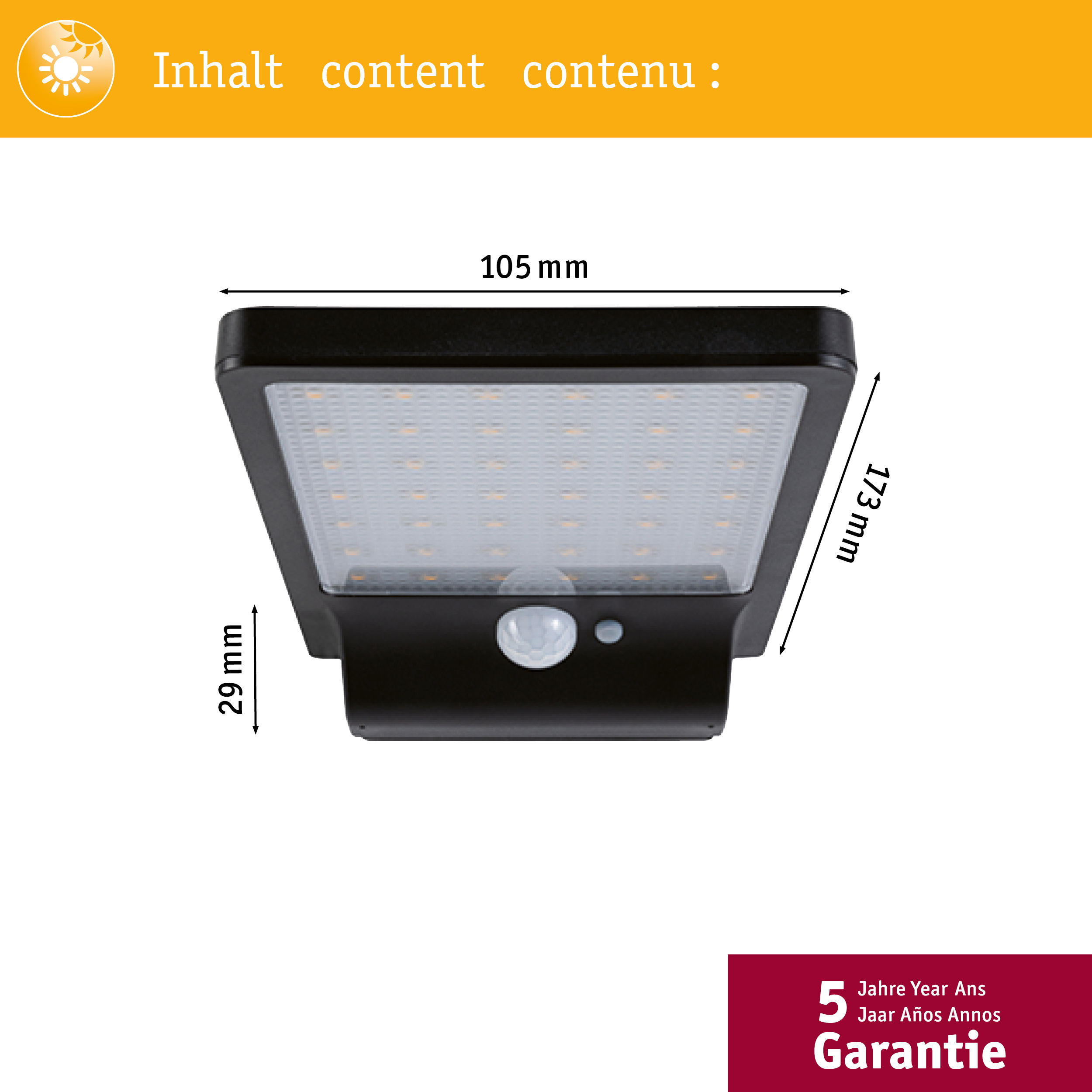 Czarna prostokątna lampa solarna z czujnikiem ruchu, wymiary oraz tekst Gwarancja.