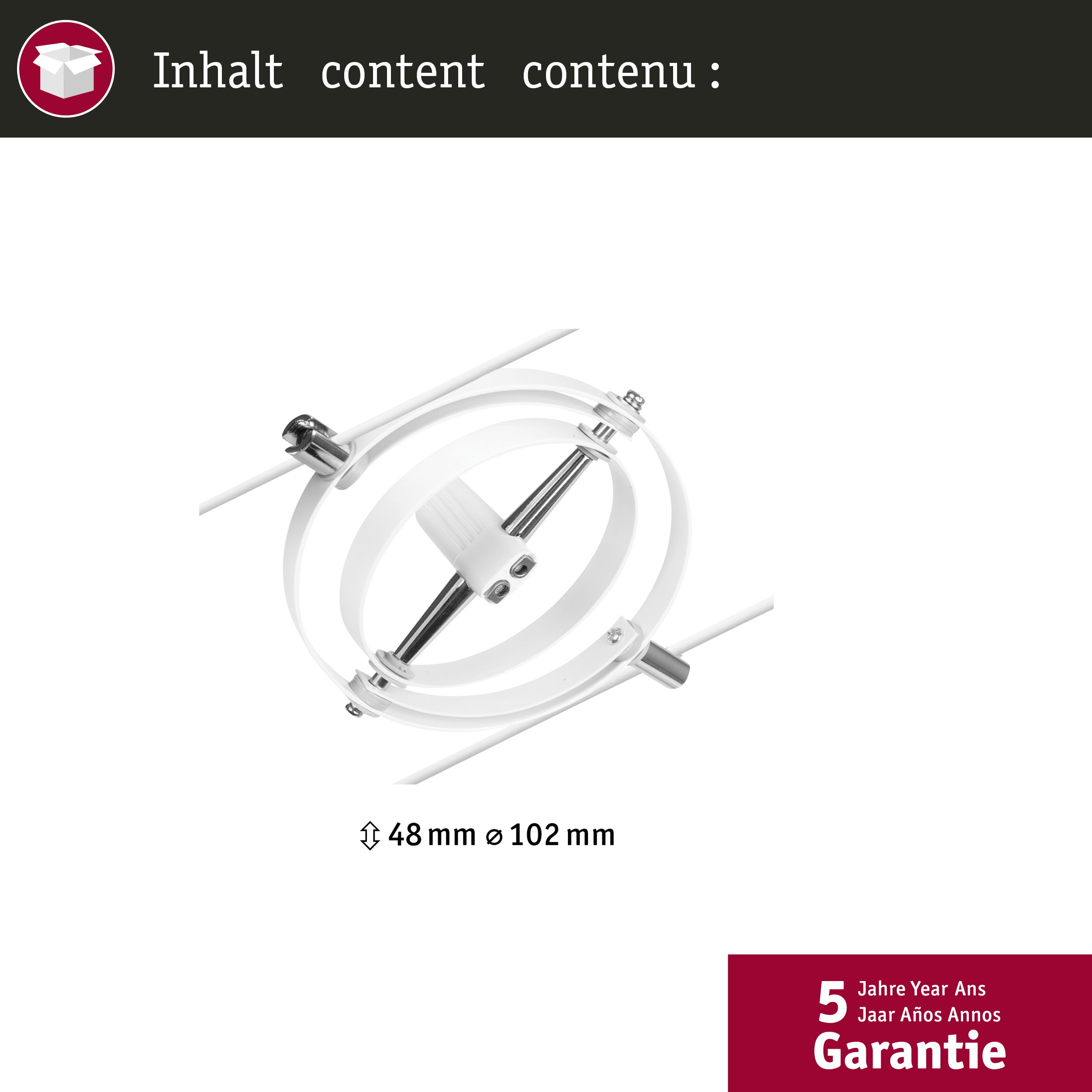 Apparecchio di illuminazione circolare bianco con design aperto complesso, dimensioni e testo Garanzia.