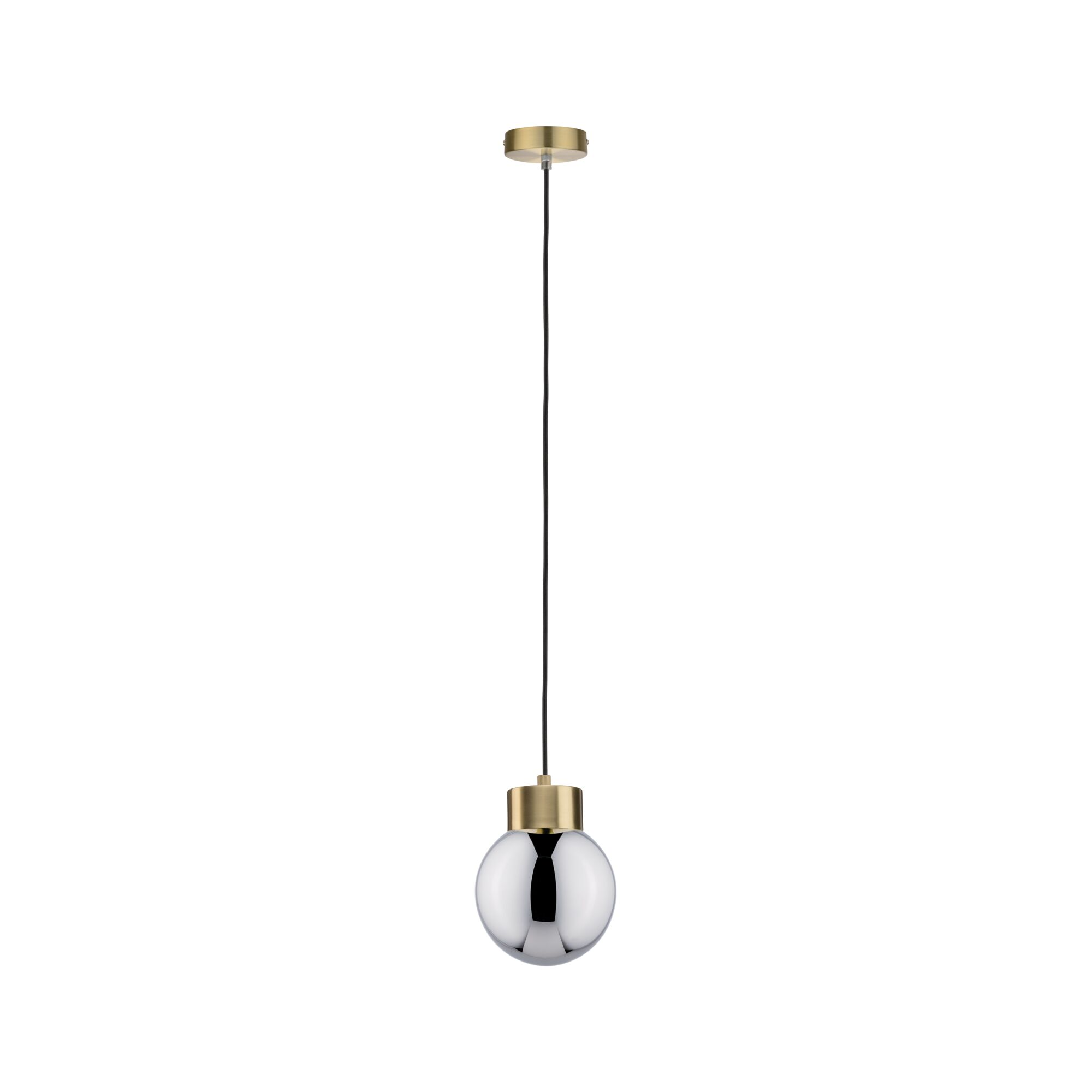 Lampa wisząca z chromowaną kulą i czarnym przewodem zwisającym z sufitu.
