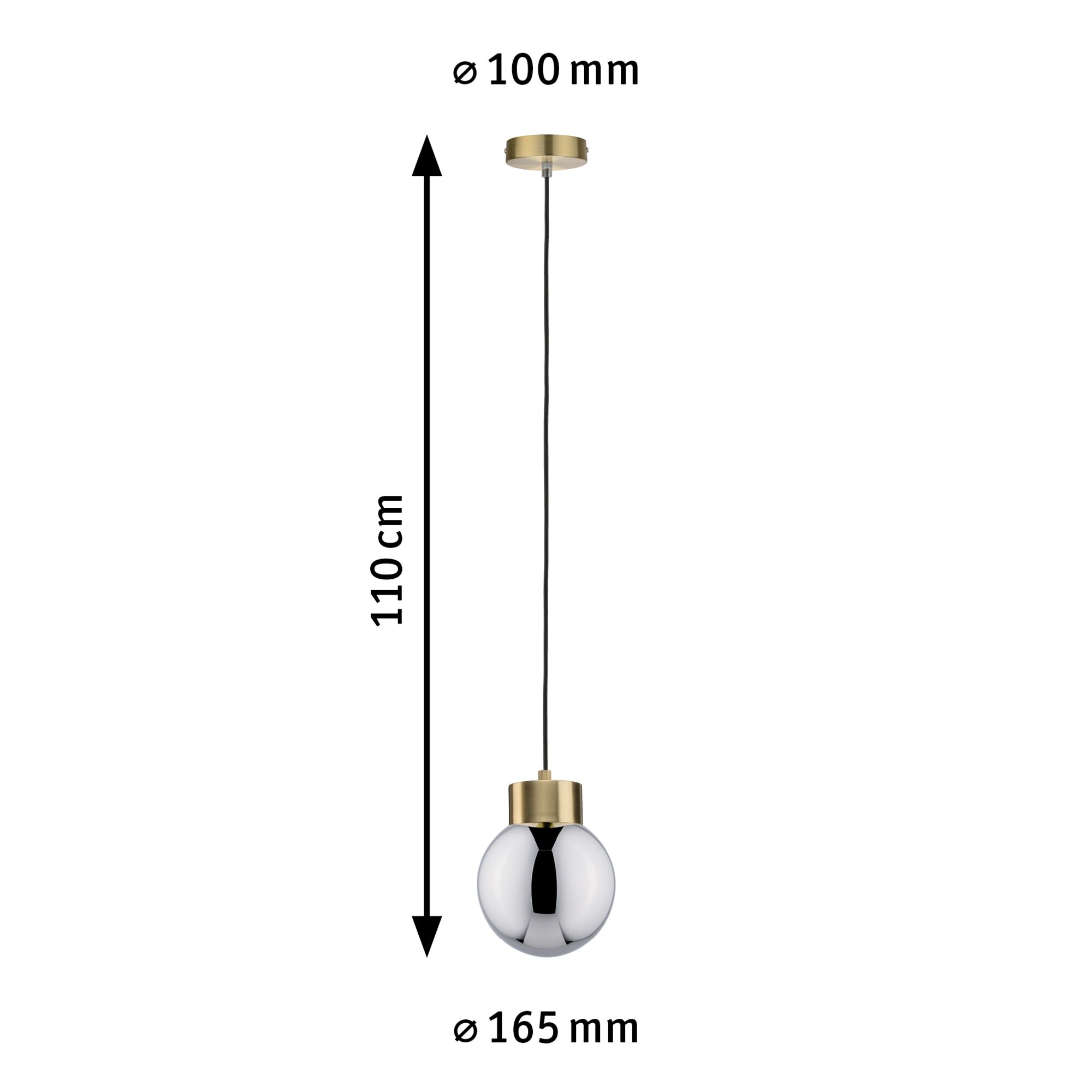 Lampa wisząca z srebrną żarówką kulistą i mosiężnym blatem, czarnym przewodem. Wymiary: 110cm długości, 165mm średnicy.