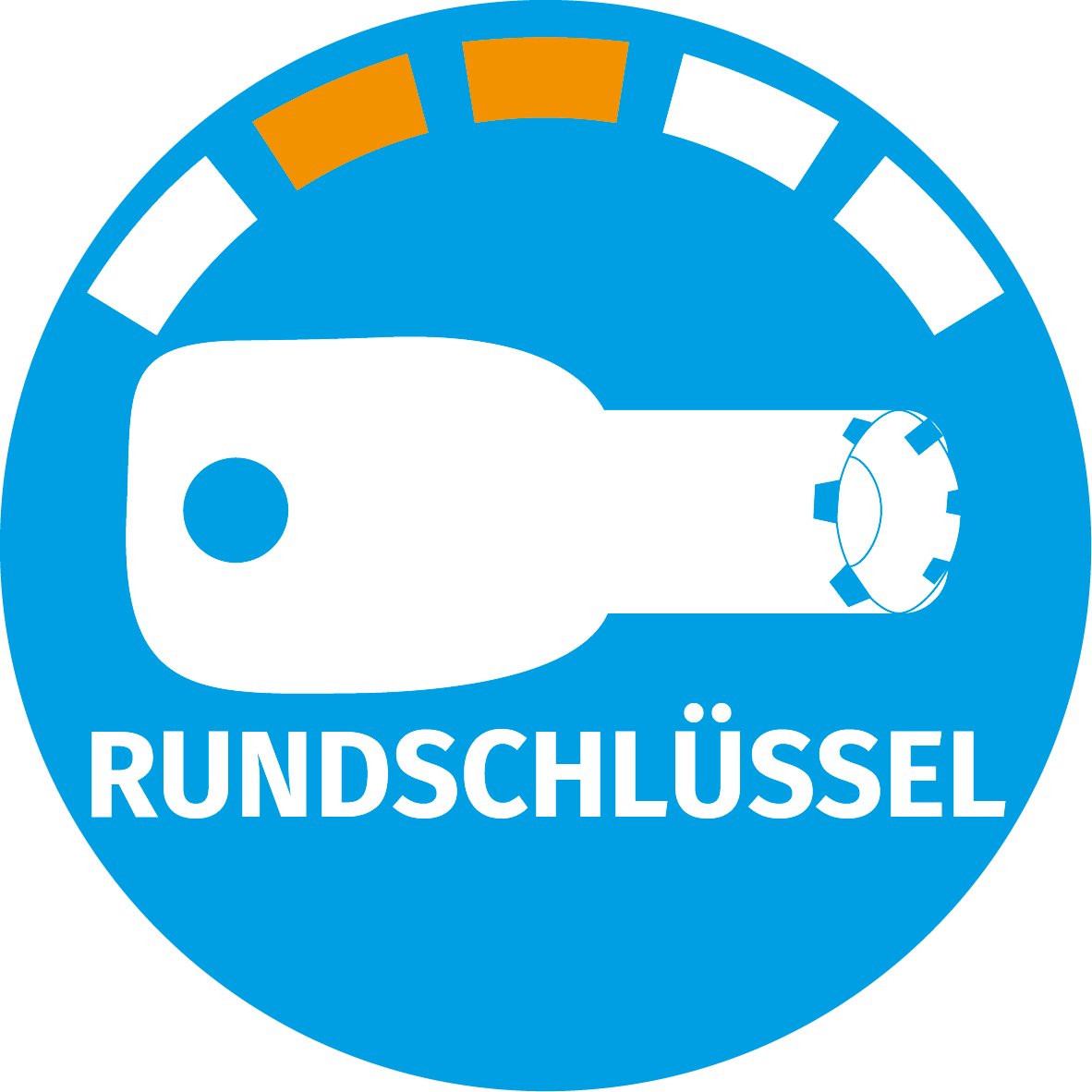 Kreisförmige blaue Grafik mit weißem Text 'Rundschlüssel' und weißen und orangenen Formen, die einem Schlüssel ähneln.