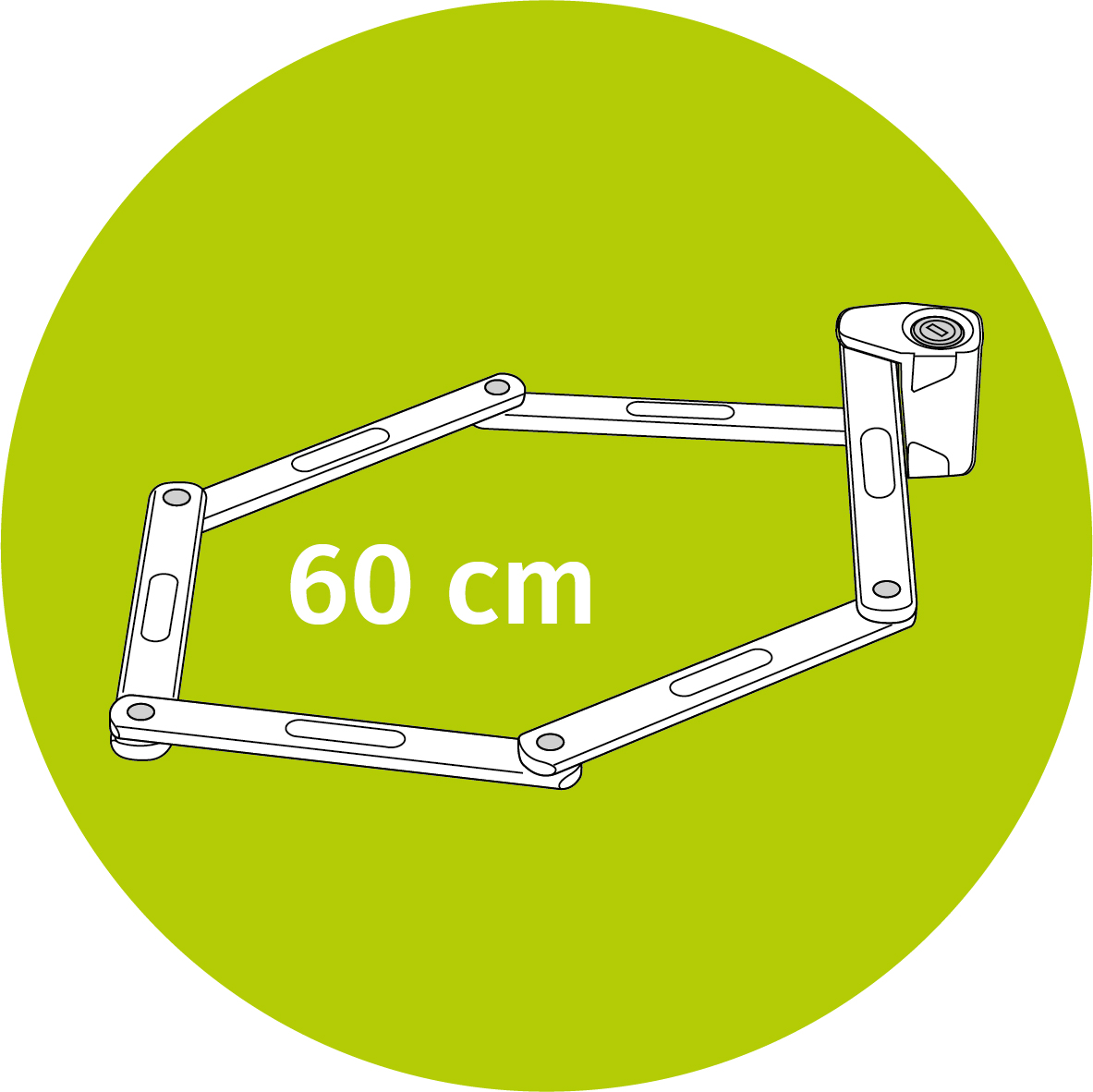 Ein schwarzes Faltschloss in einem grünen Kreis mit dem Text '60 cm'. Das Schloss ist geöffnet, zeigt Segmente.