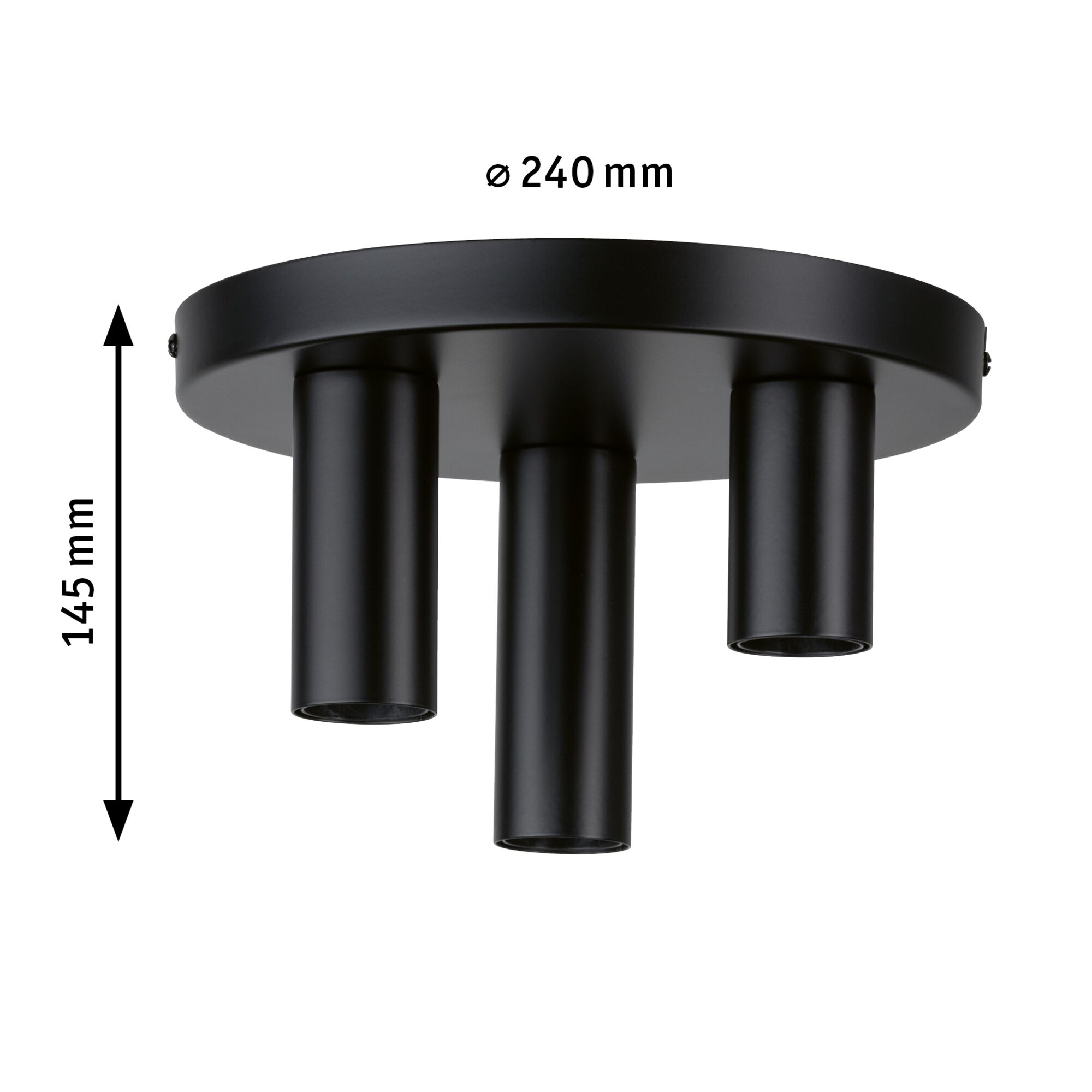Una plafoniera nera con tre luci cilindriche, sono fornite le dimensioni.