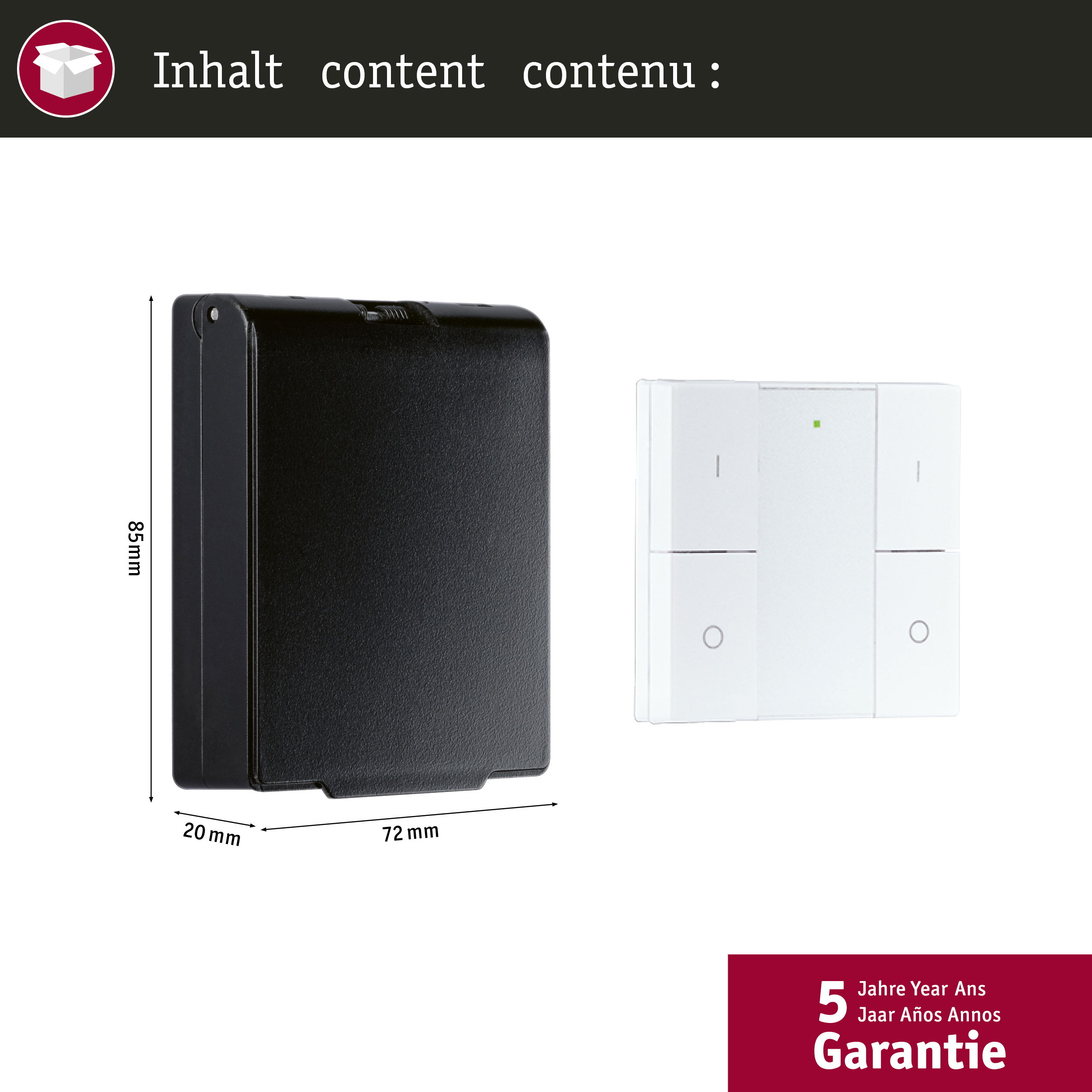 Czarna skrzynka z wymiarami i biały włącznik światła z dwoma przyciskami.