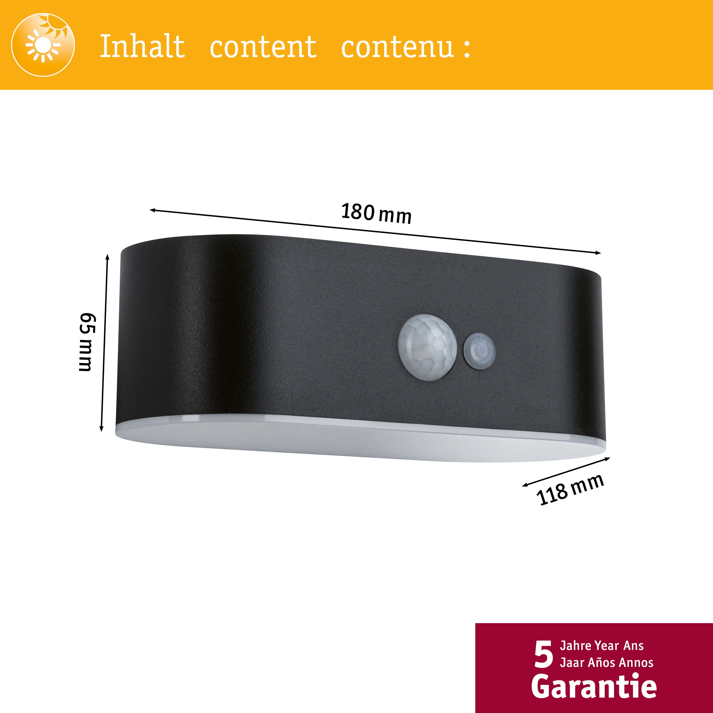 Una lampada da parete per esterni nera con sensore di movimento, dimensioni e un'etichetta di garanzia.