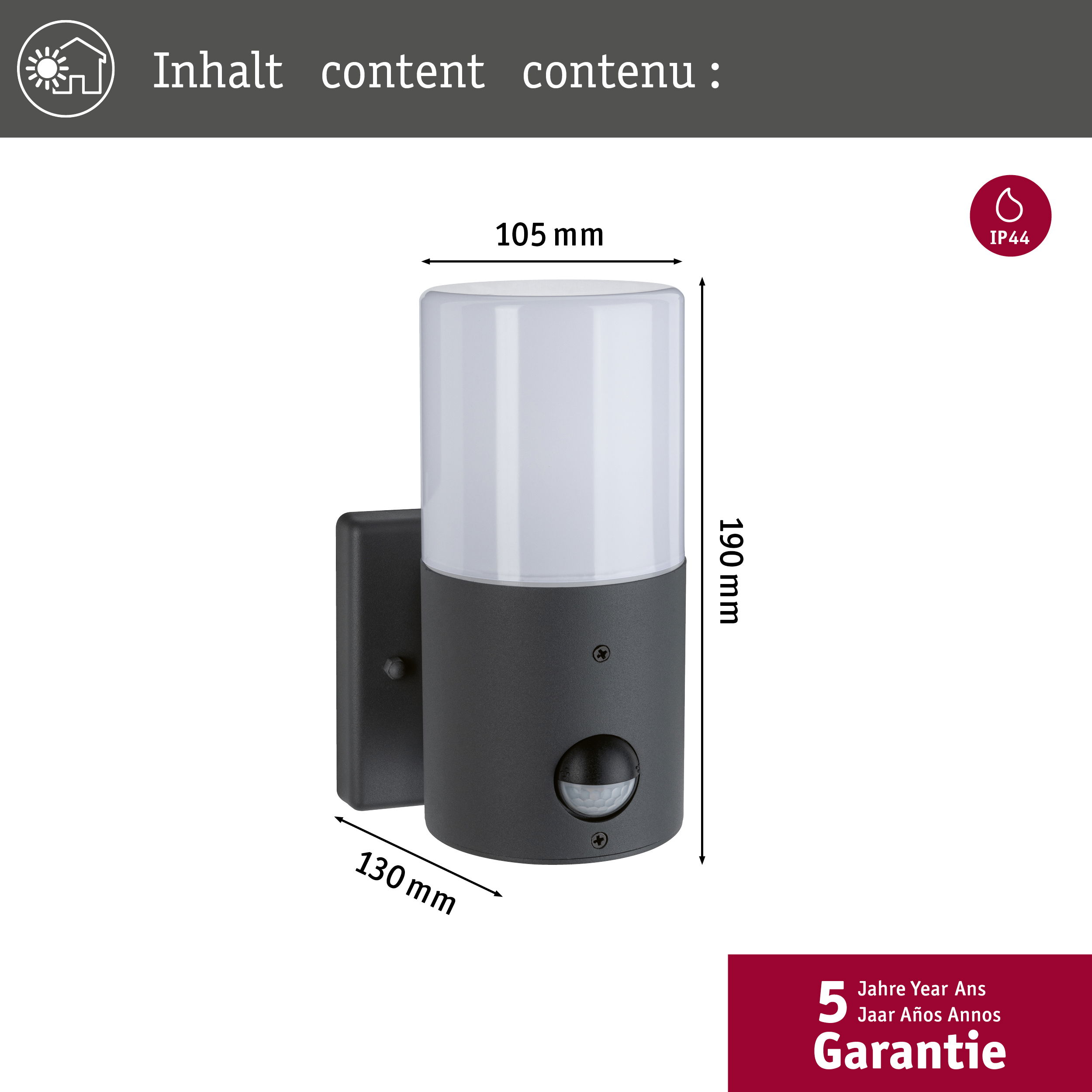 Czarna lampa zewnętrzna z białym wierzchem i czujnikiem. Jest zamontowana na ścianie.
