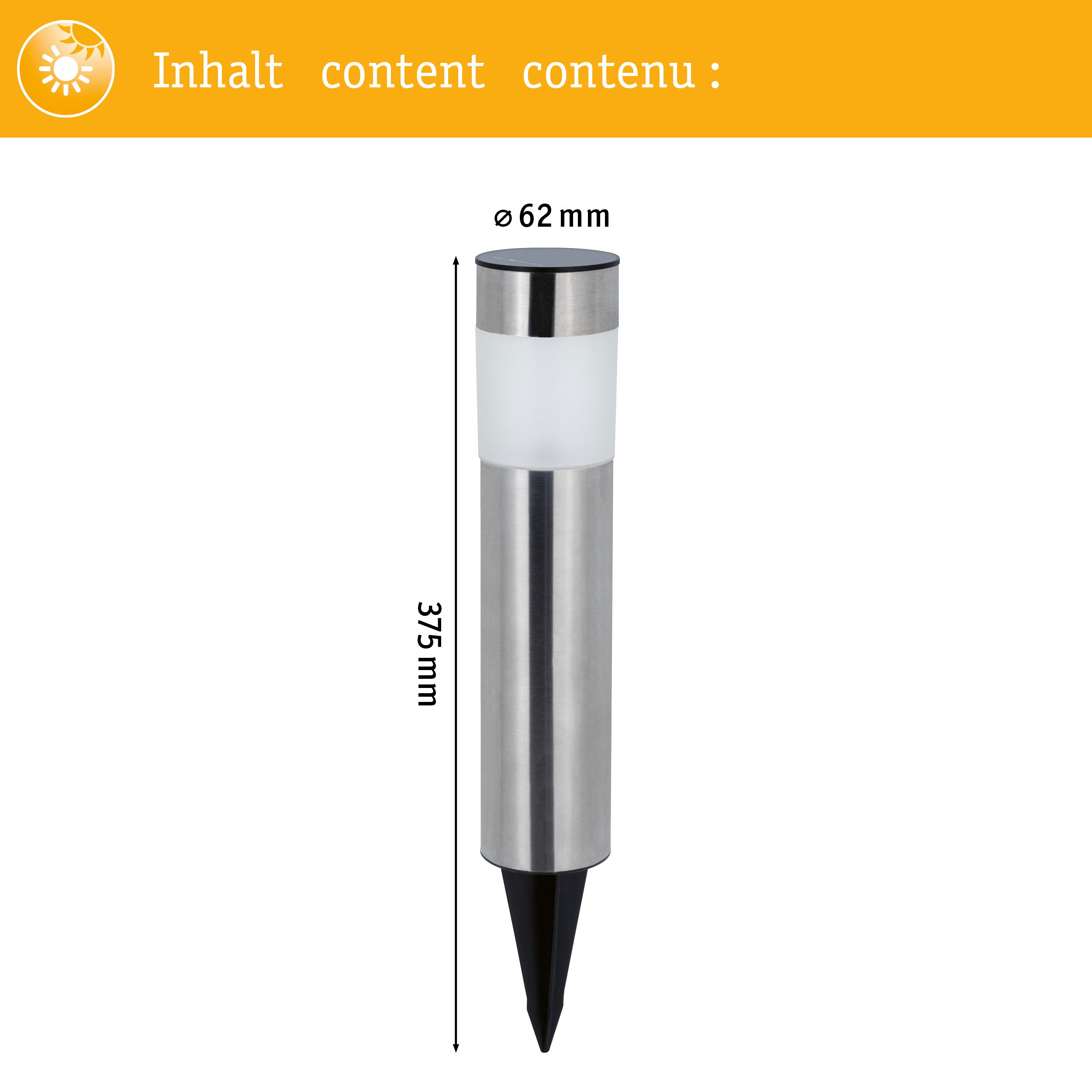 Eine hohe, silberne Lampe für den Garten. Sie hat einen Spike zum Einsetzen.