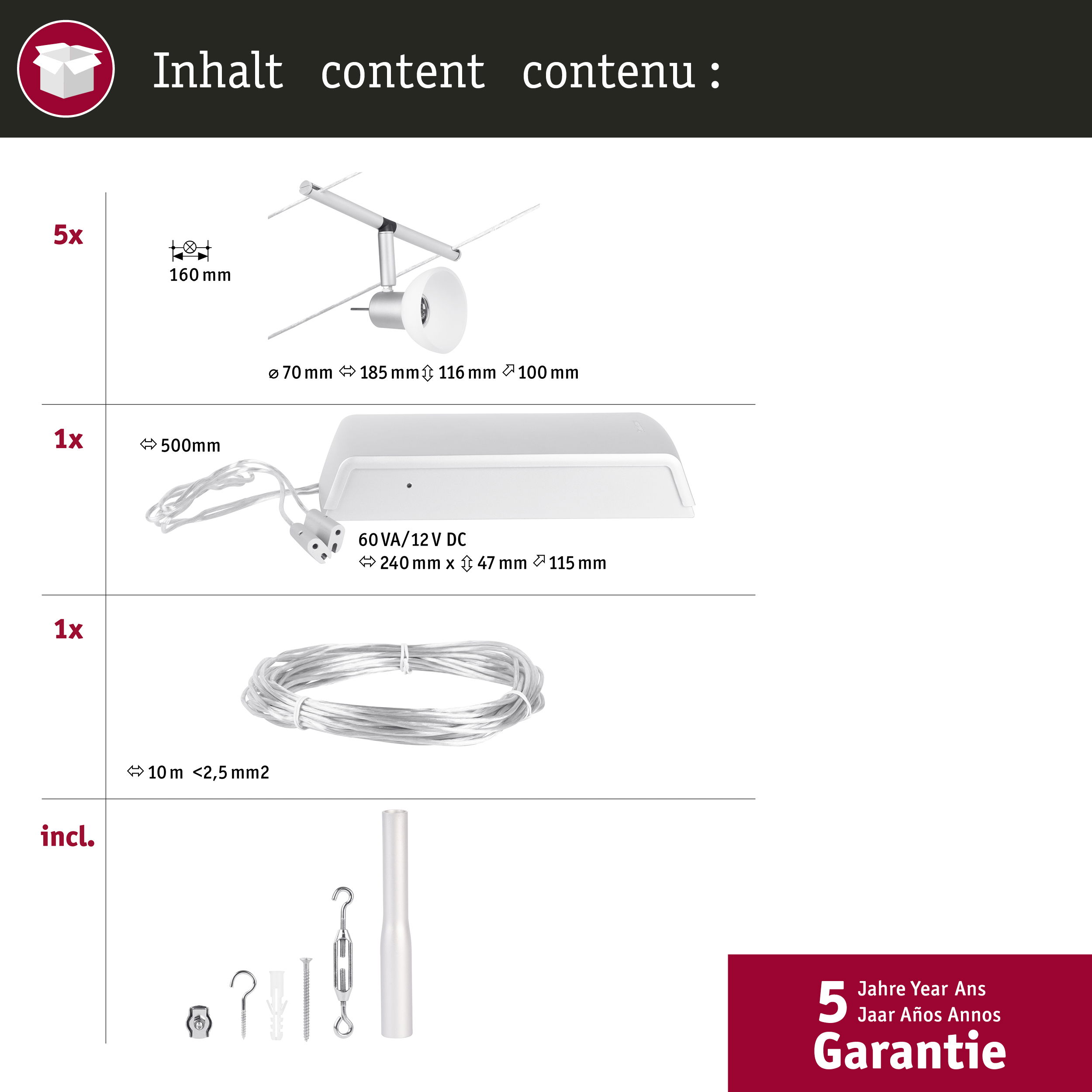 Diagramma dei componenti del sistema di antenna con dimensioni ed etichette.