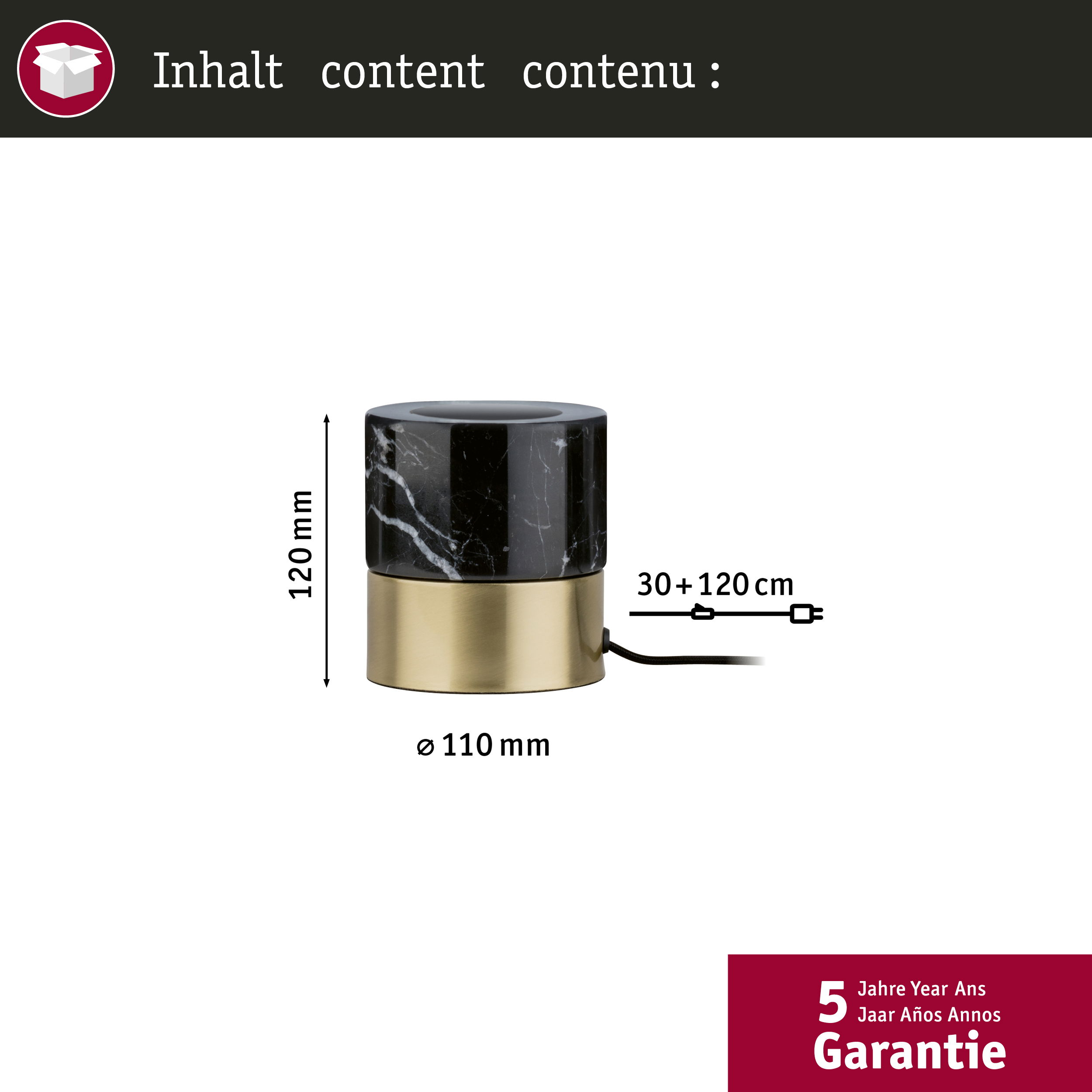 Czarna i marmurowa lampa cylindryczna ze złotą podstawą i wyświetlonymi wymiarami.