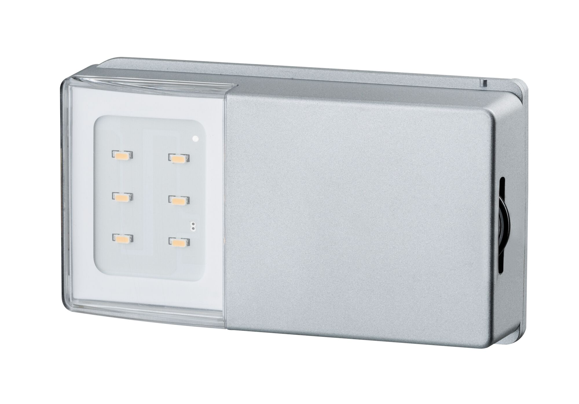 Silberne, rechteckige LED-Leuchte. Eine Seite ist klar, zeigt LEDs. Die andere Seite ist geschlossen.