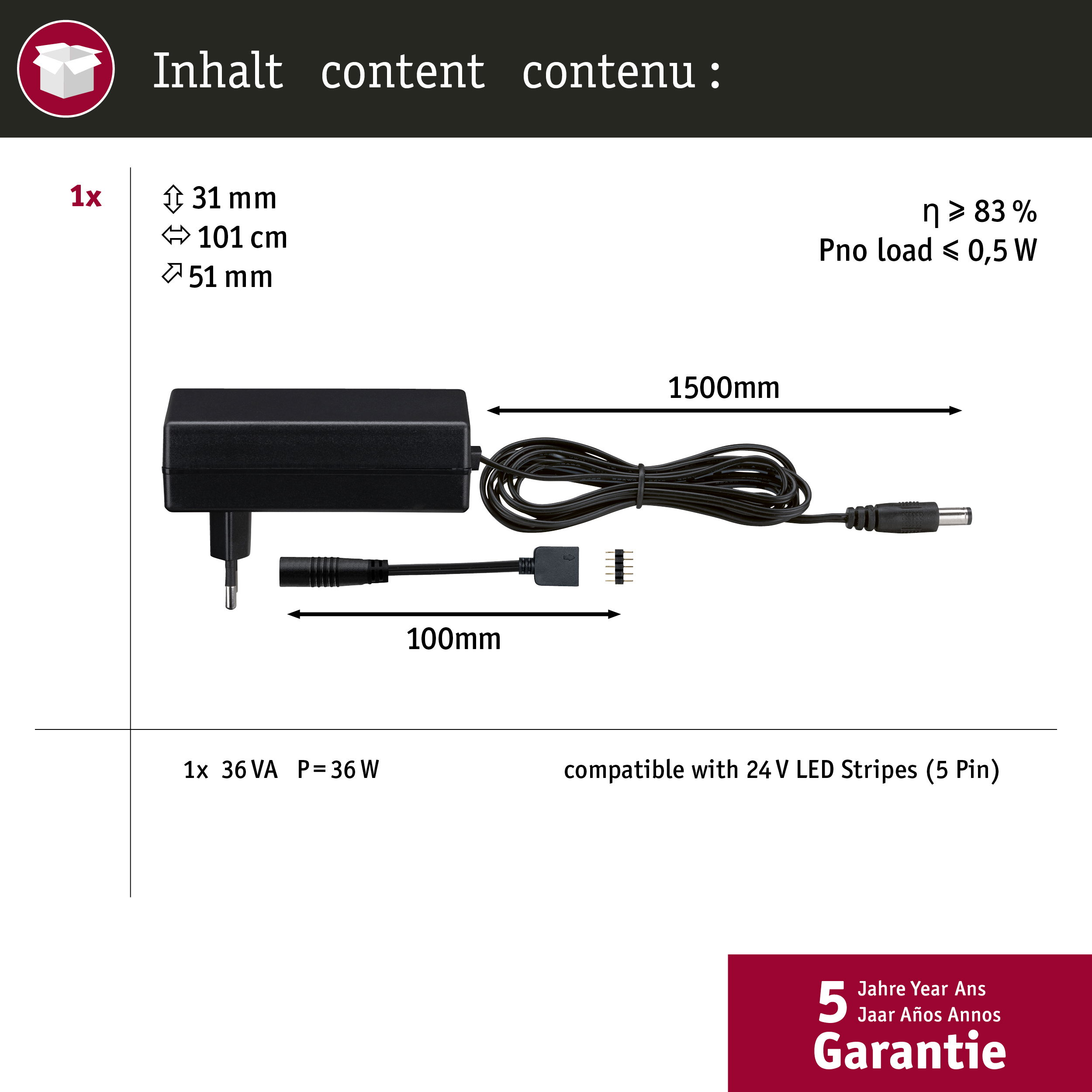 Czarny zasilacz z kablem i wtyczką, obok kompatybilnej taśmy LED.