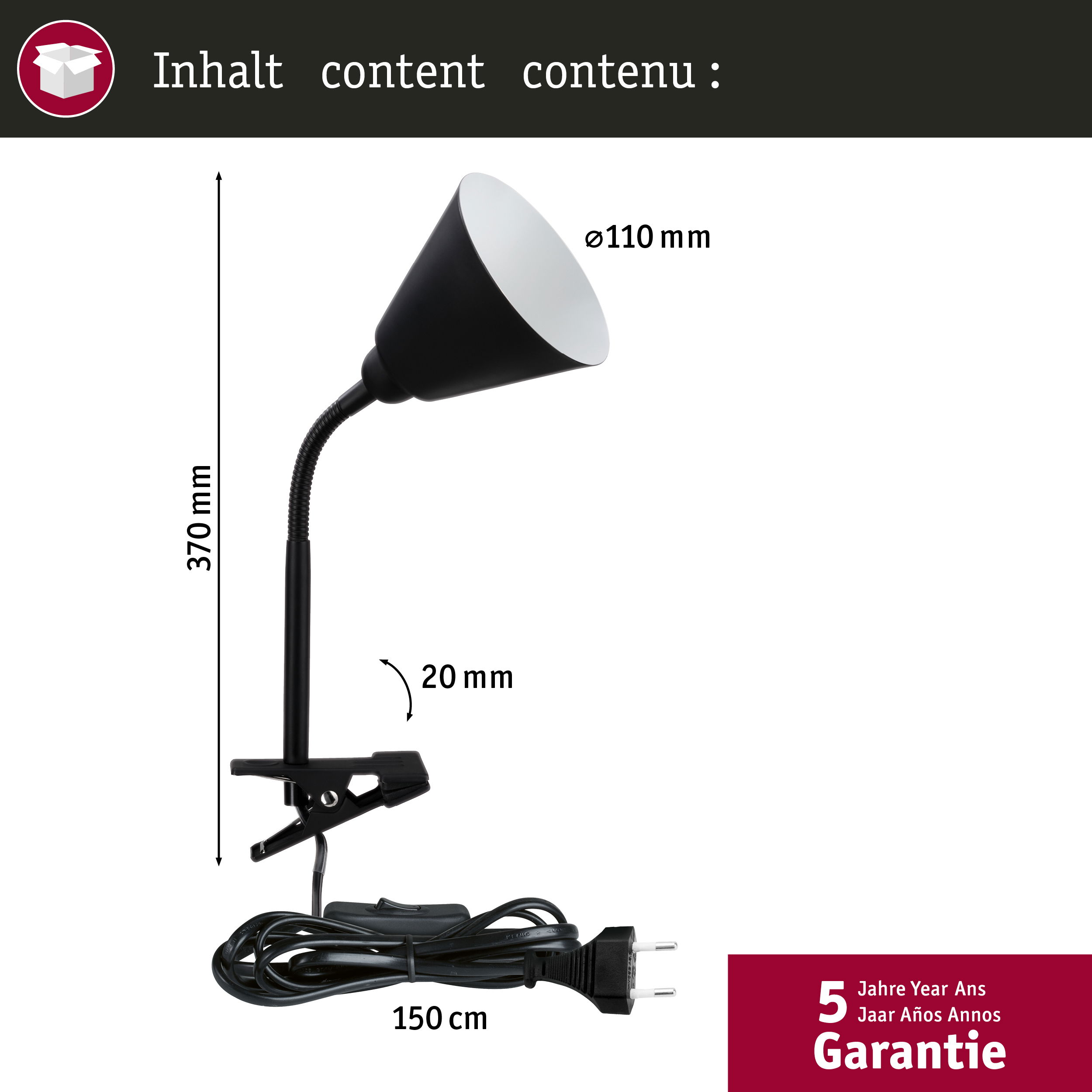 Czarna lampa biurkowa z elastyczną szyjką, czarnym zaciskiem i stożkowym kloszem, z przewodem zasilającym.