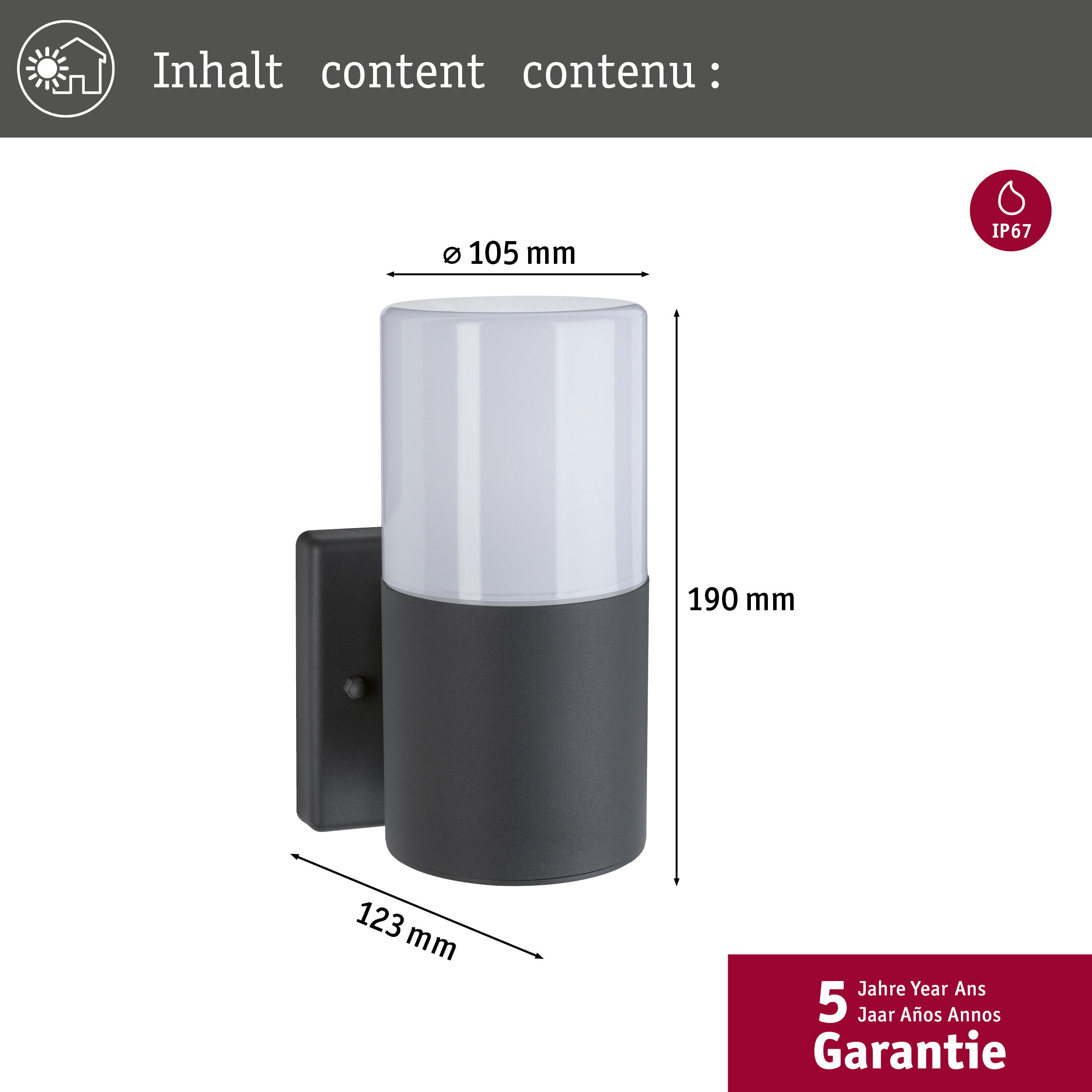 Schwarze zylindrische Wandleuchte. Sie hat einen weißen oberen Teil. Maße sind angegeben. 5 Jahre Garantie.