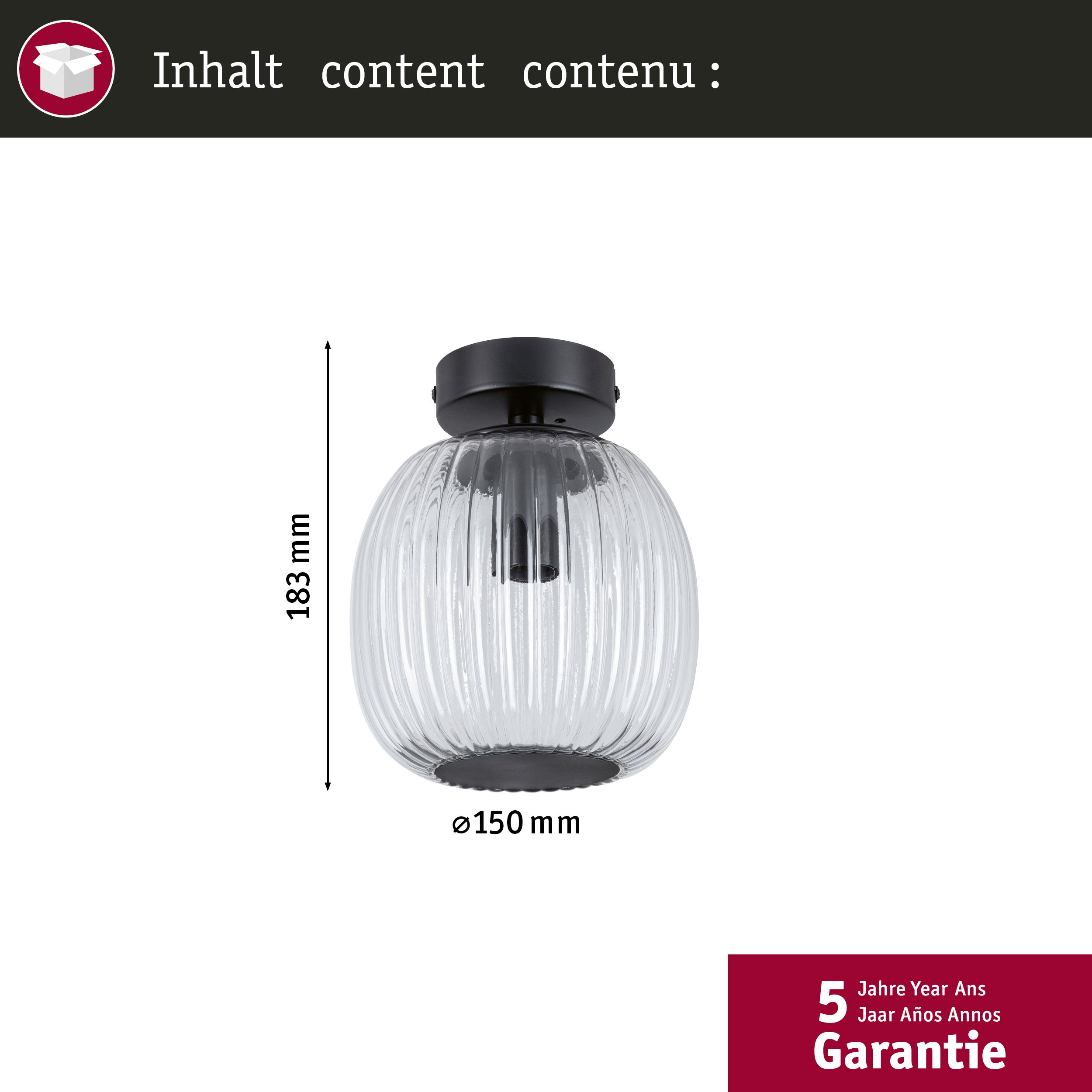 Eine Glaslampe mit schwarzem Deckel. Die Lampe ist rund und hat vertikale Streifen auf dem Glas.