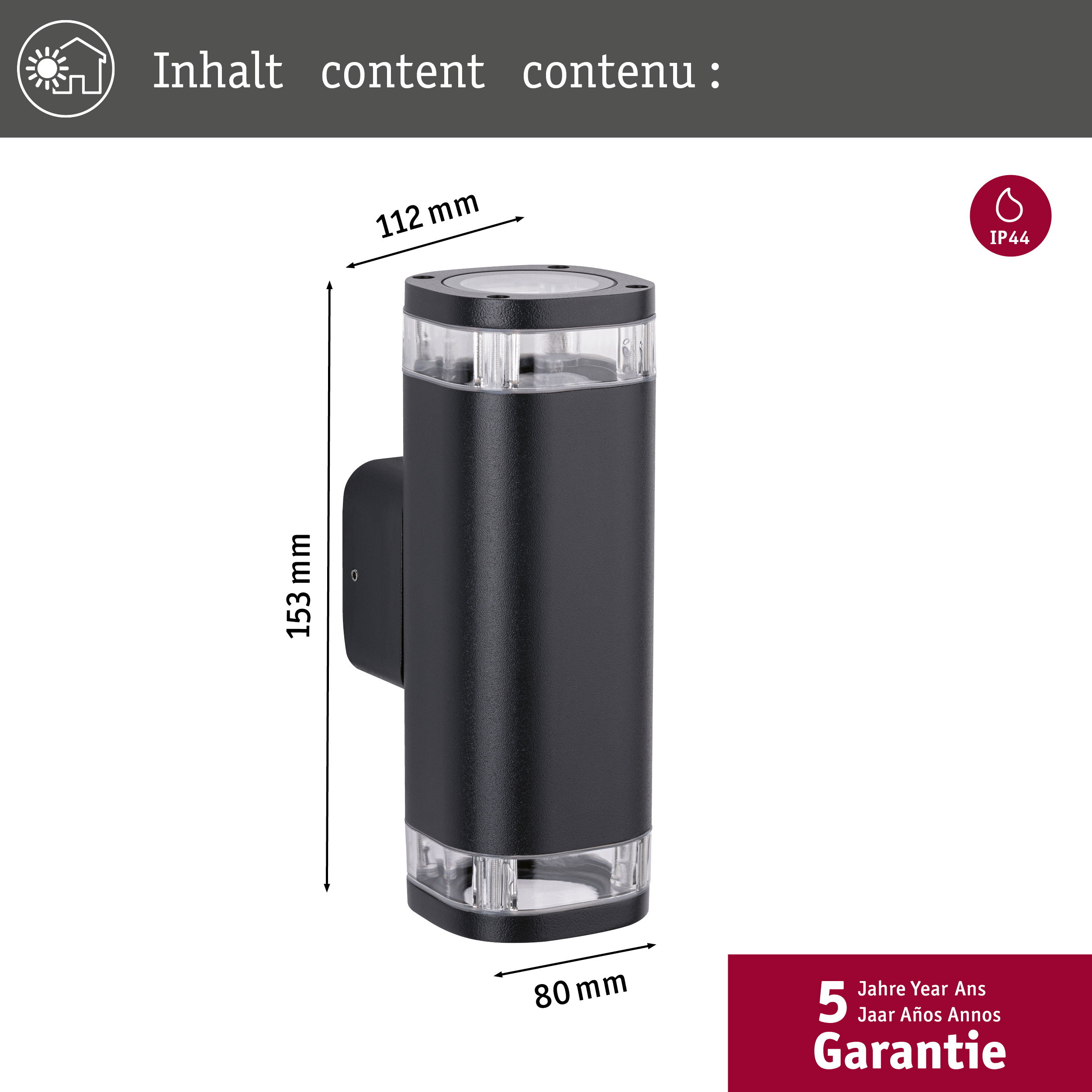 Schwarze Außenwandleuchte mit Doppellicht. Sie hat ein rechteckiges Design und weiße Lichtabschnitte.