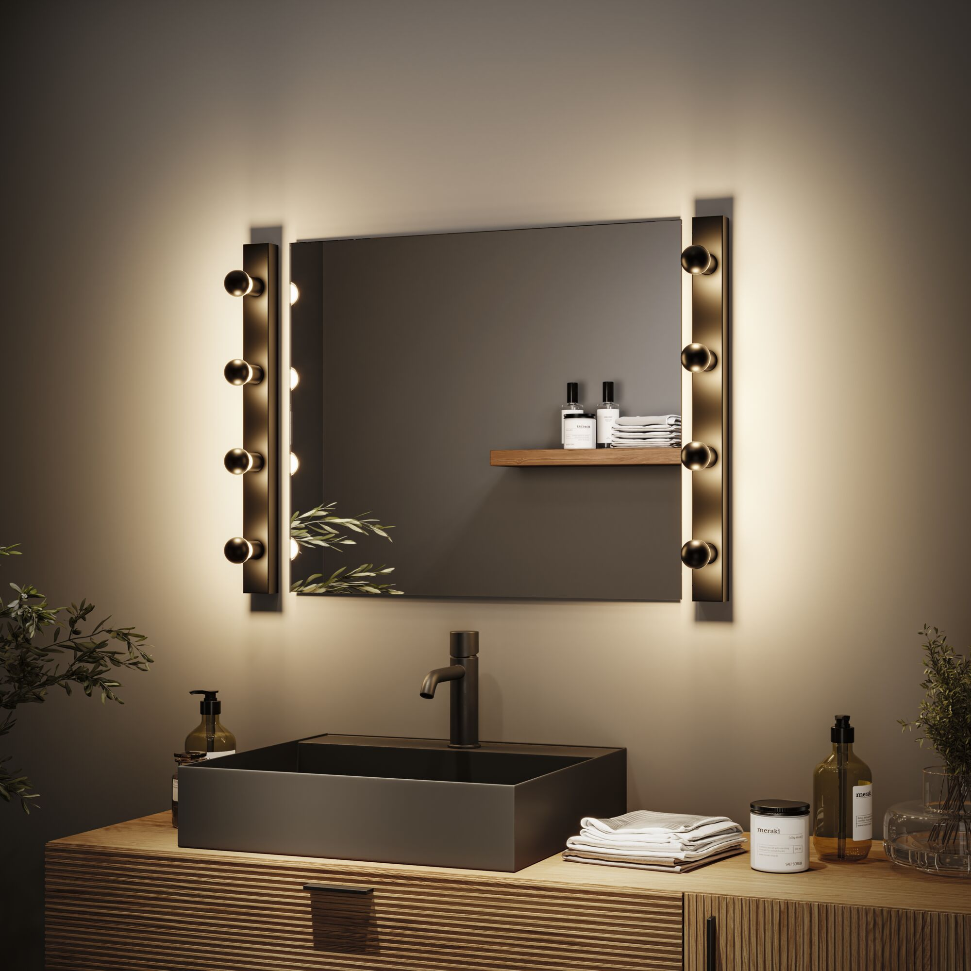 Podświetlane lustro z światłami, umywalką i dekoracjami, tworzące aranżację łazienki.