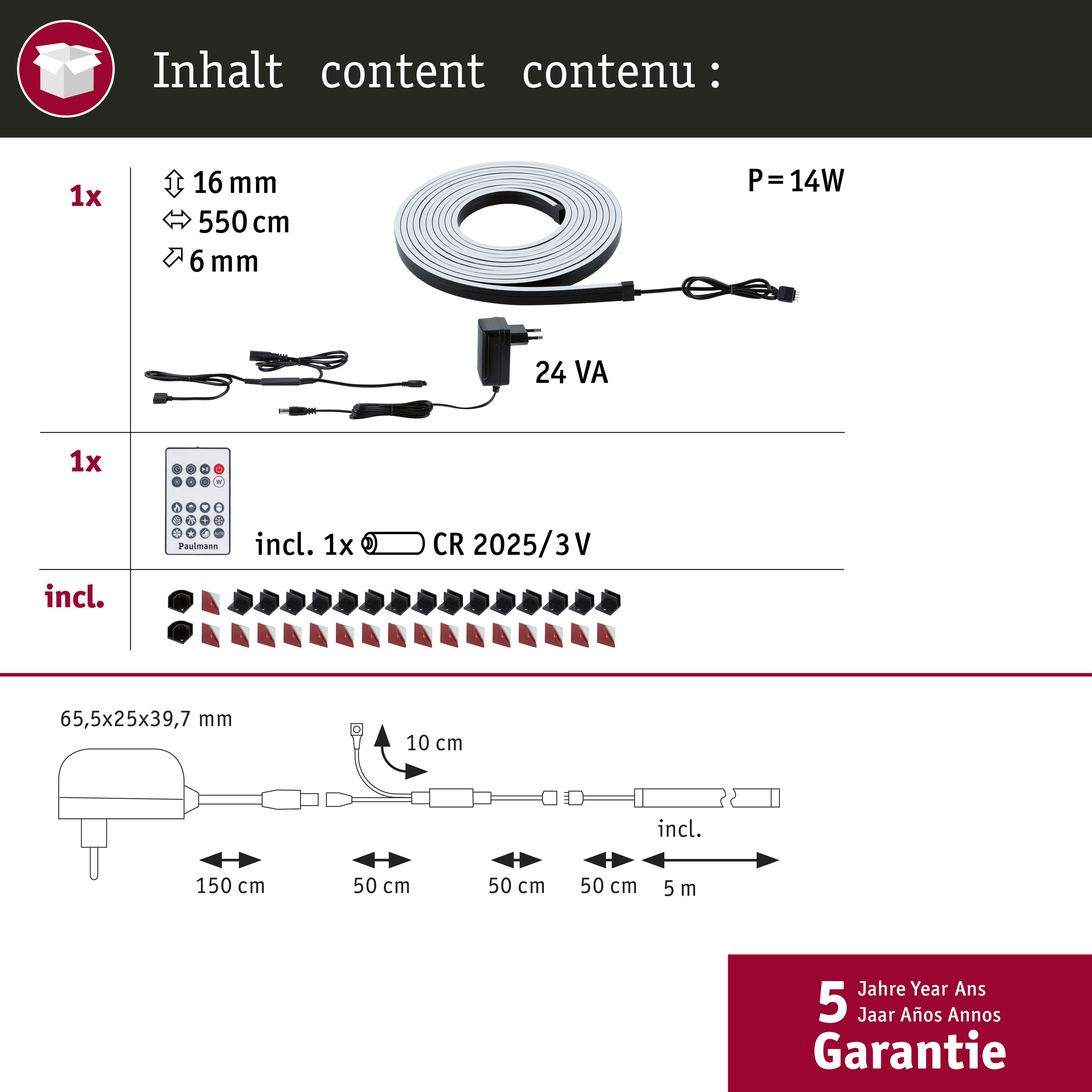 Ein Diagramm mit Beleuchtungskomponenten wie Fernbedienung, Kabelrolle und anderem Zubehör.