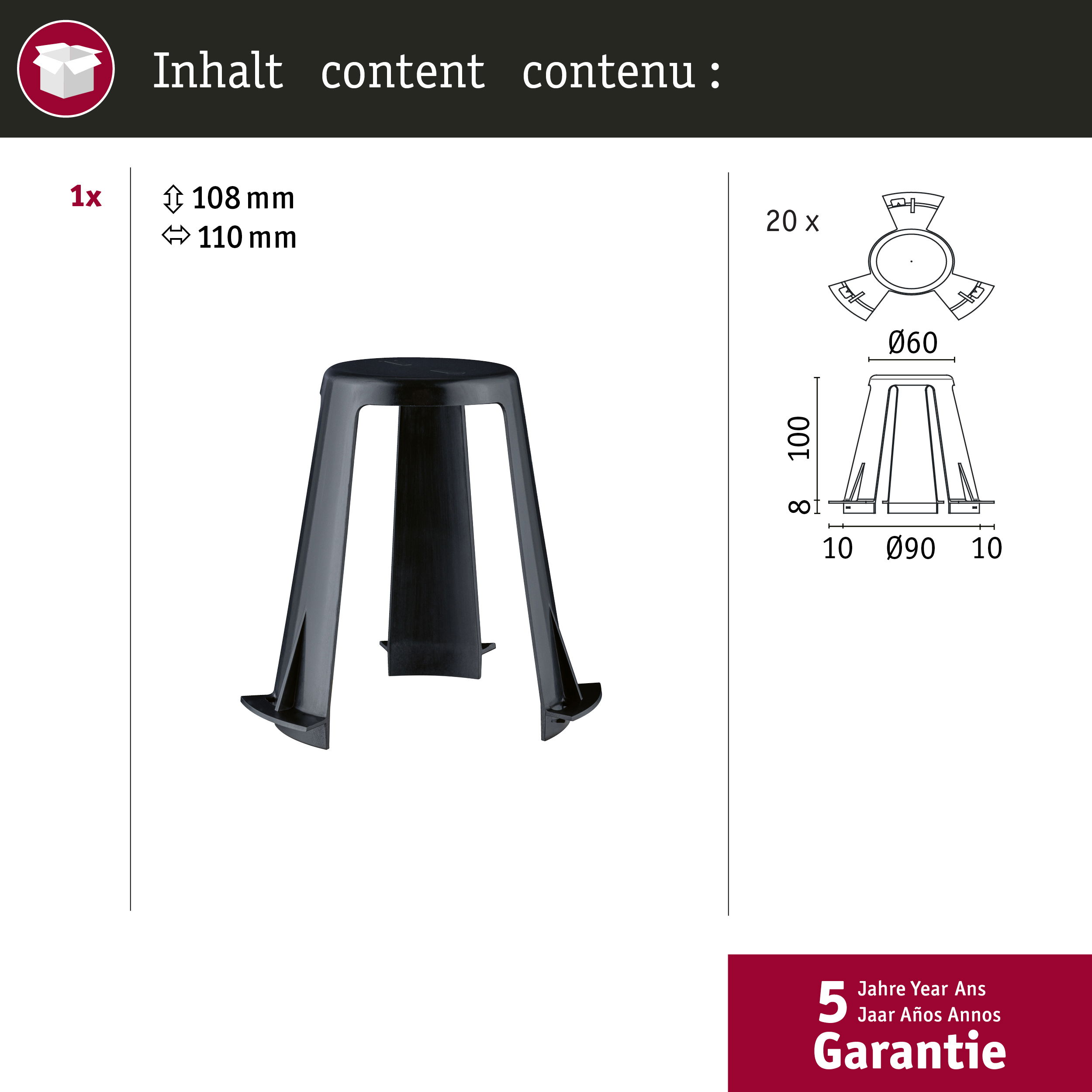 Czarna plastikowa konstrukcja wsporcza z wymiarami i grafiką zawartości.