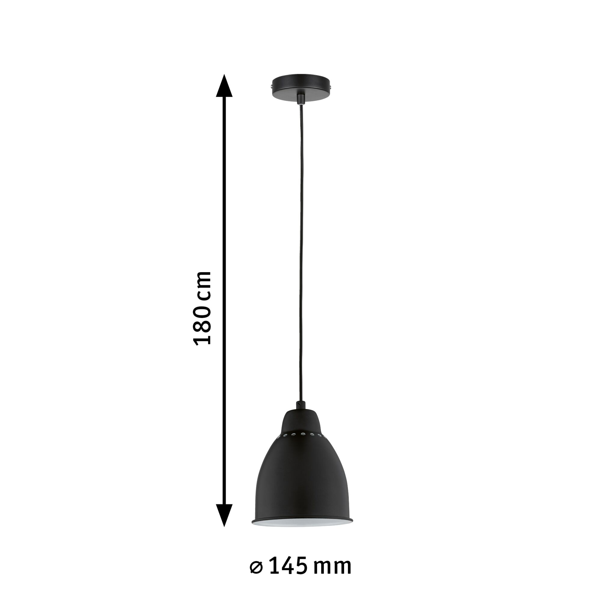 Czarna lampa wisząca, zawieszona na drucie. Jest czarna i cylindryczna.