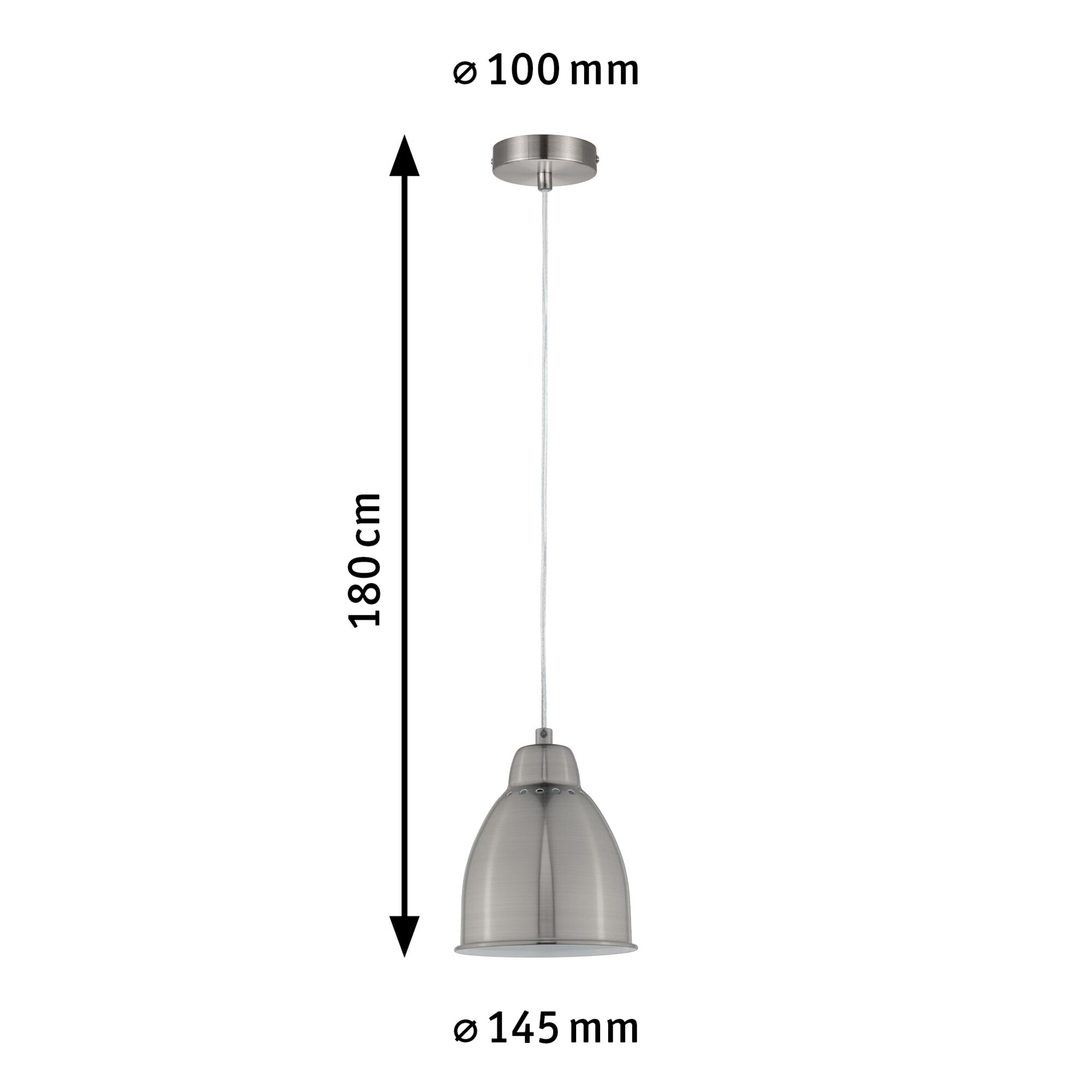 Lampada a sospensione argentata con paralume a forma di campana, appesa a un cavo.