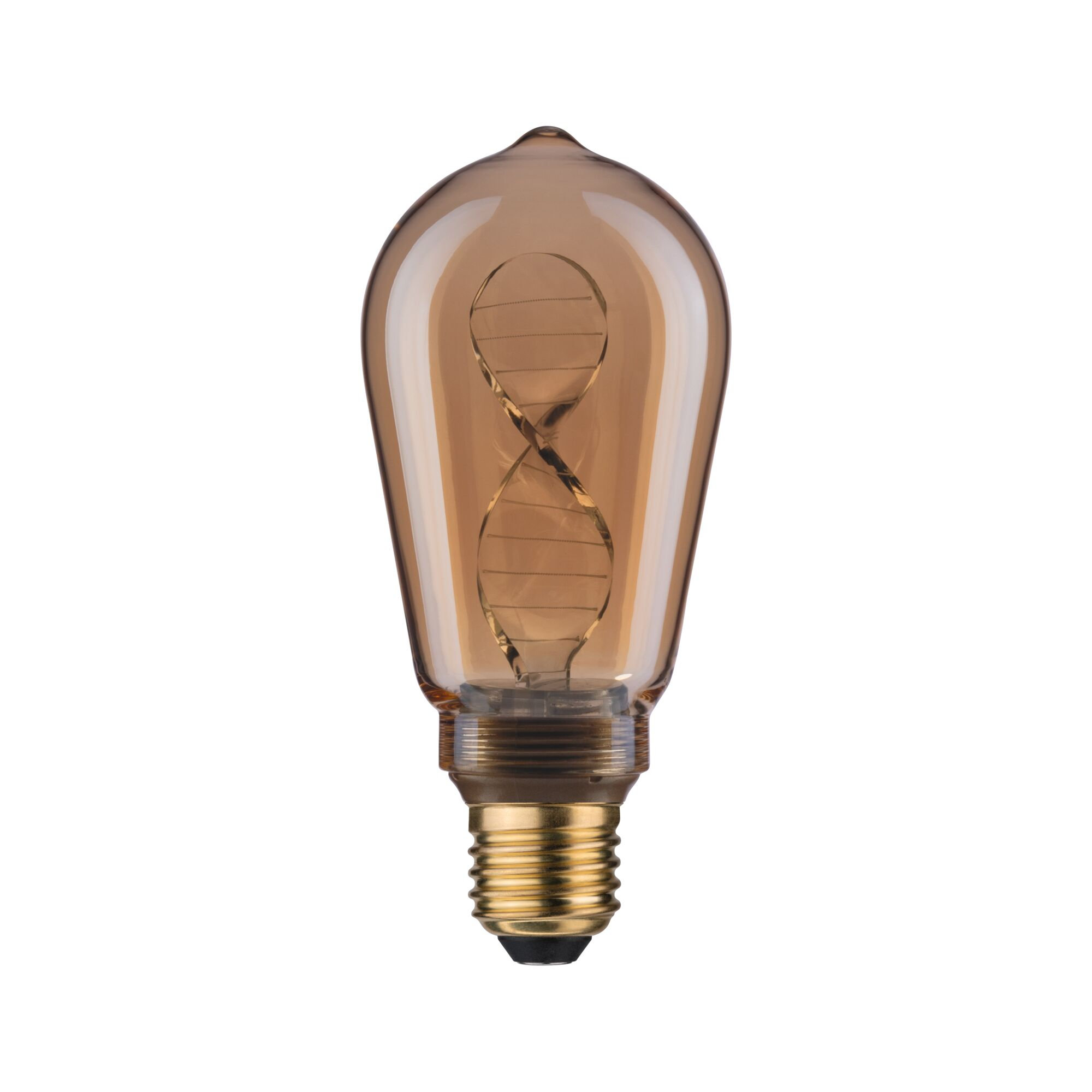 Eine Glühbirne mit braun getöntem Glas und Spiraldesign. Sie hat einen goldenen Sockel.