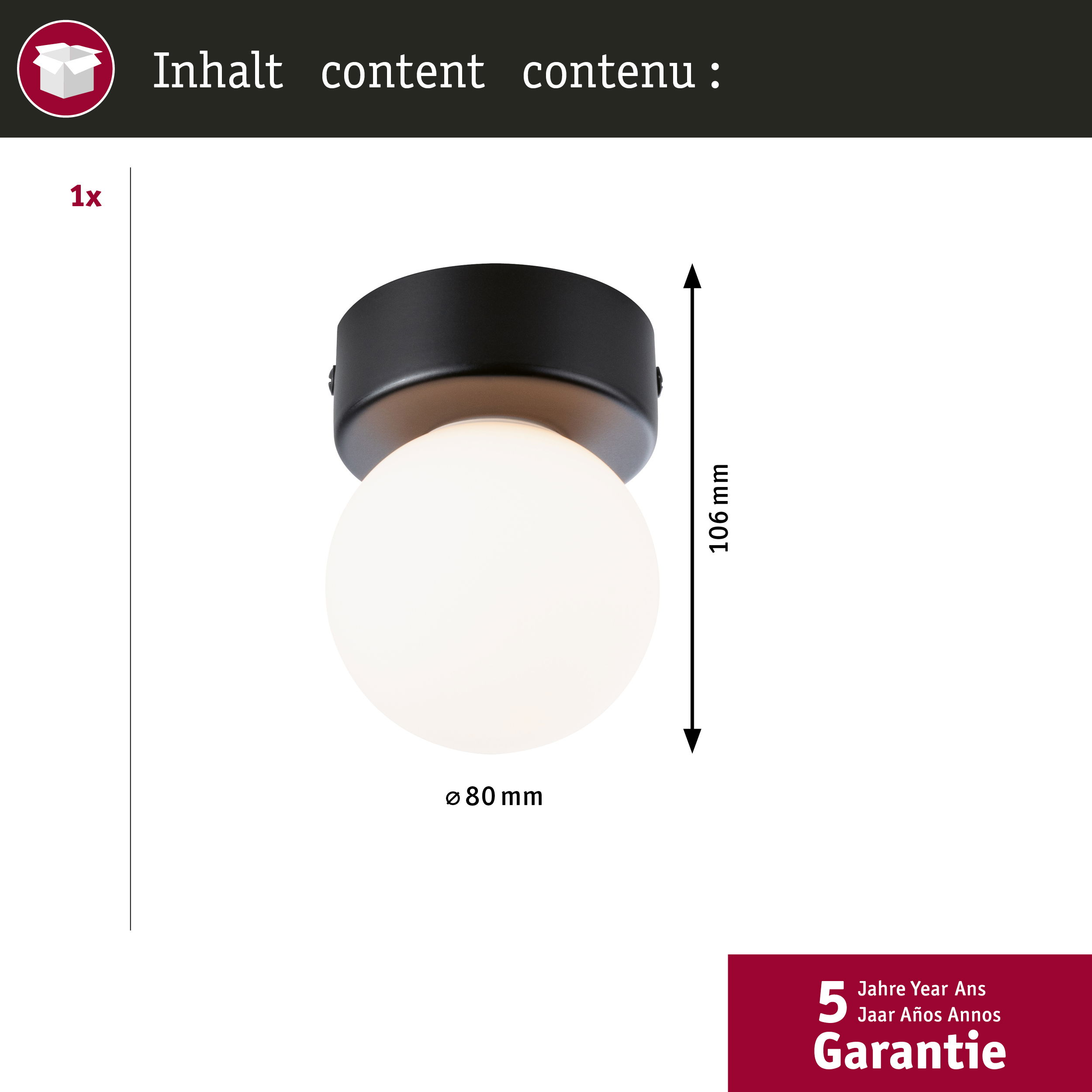 Czarna lampa sufitowa z białą żarówką w kształcie kuli.